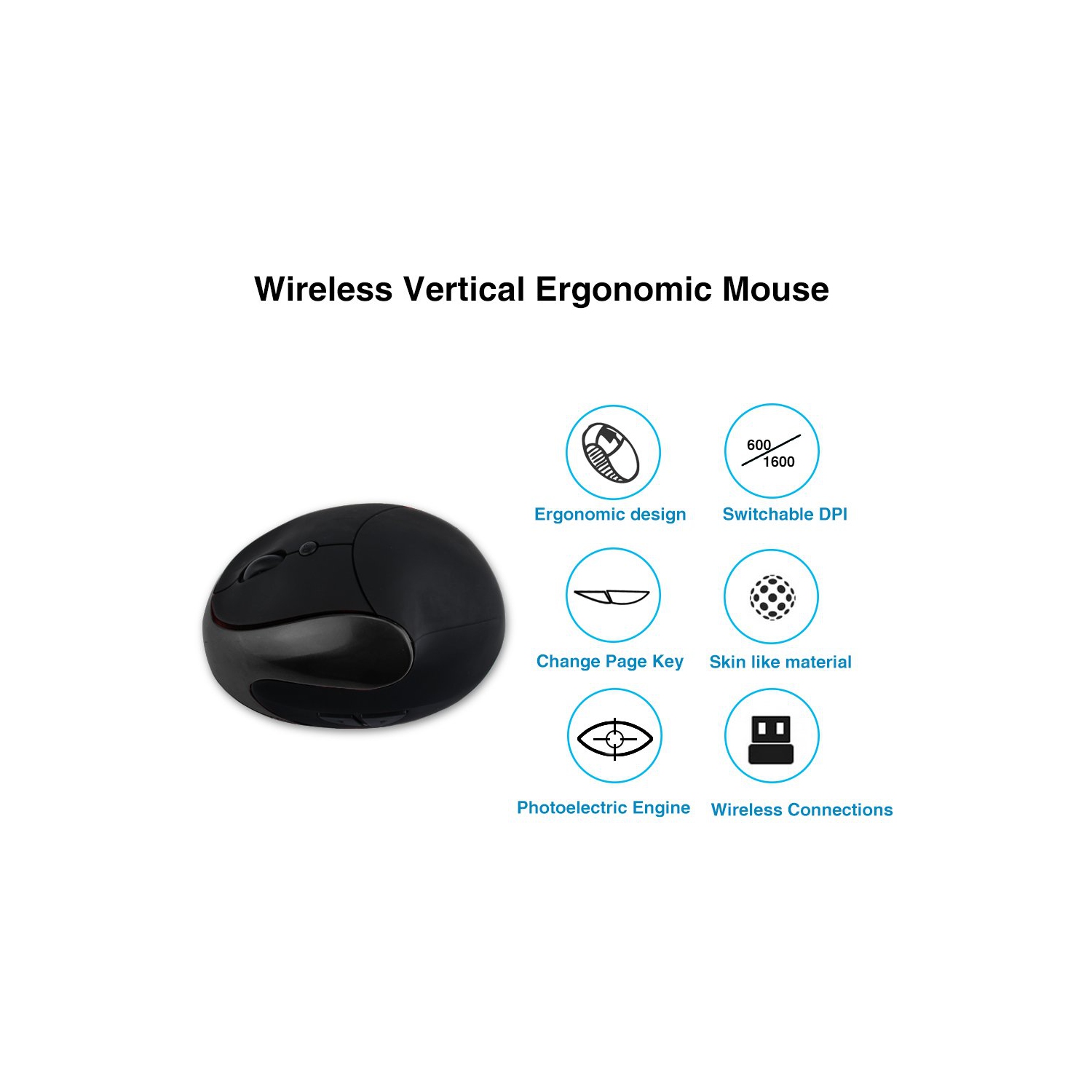 Wireless Mouse 2.4G Ergonomic Vertical Optical Mouse with Nano Receiver,4 Adjustable DPI 800/1200/1600/2400,Rechargeable 6 Buttons for
