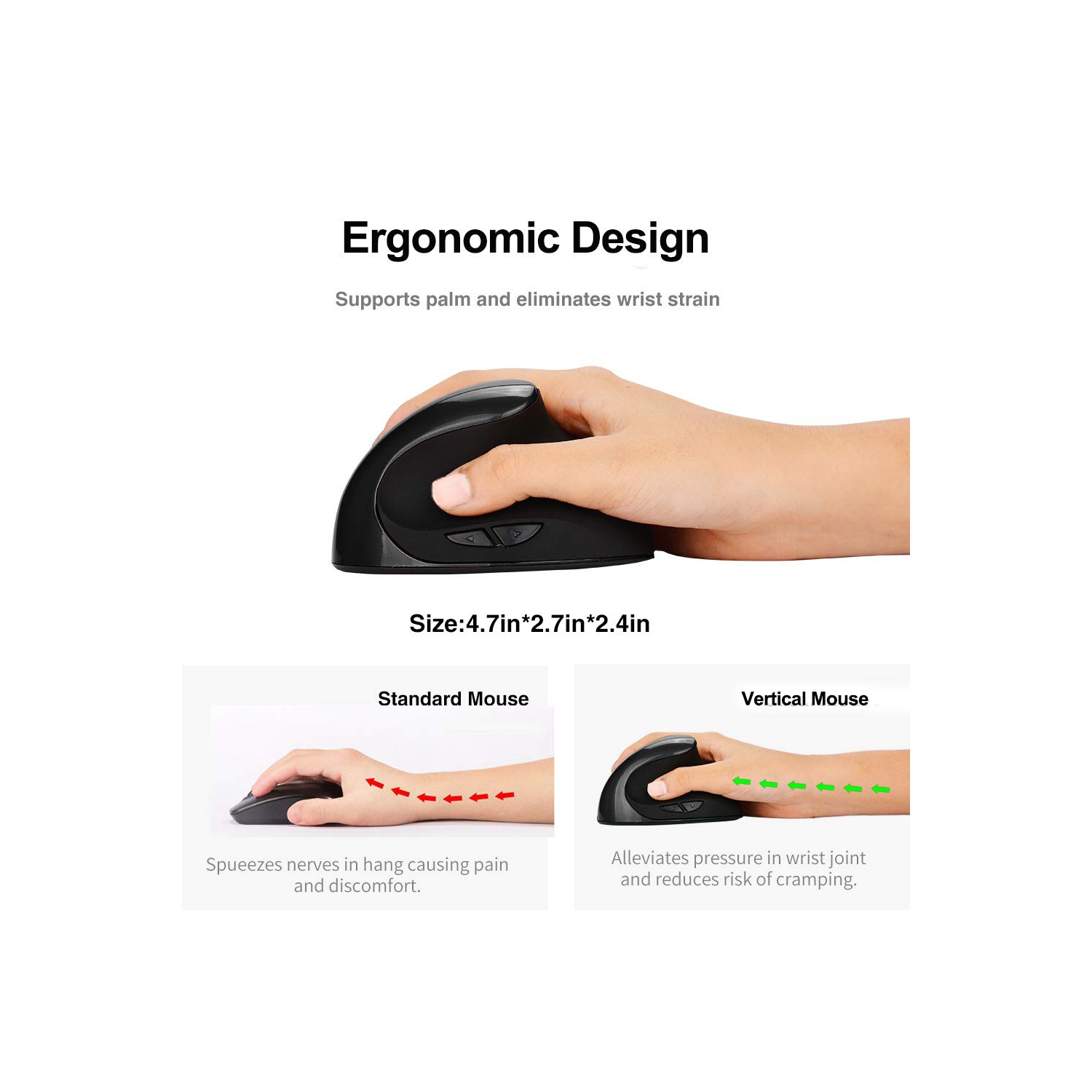 Wireless Mouse 2.4G Ergonomic Vertical Optical Mouse with Nano Receiver,4 Adjustable DPI 800/1200/1600/2400,Rechargeable 6 Buttons for