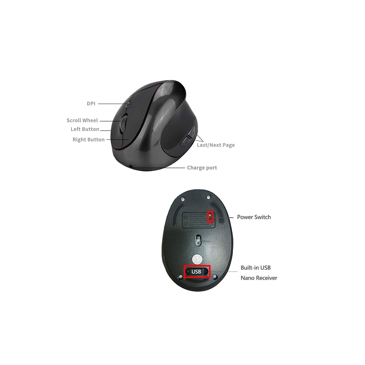 Wireless Mouse 2.4G Ergonomic Vertical Optical Mouse with Nano Receiver,4 Adjustable DPI 800/1200/1600/2400,Rechargeable 6 Buttons for