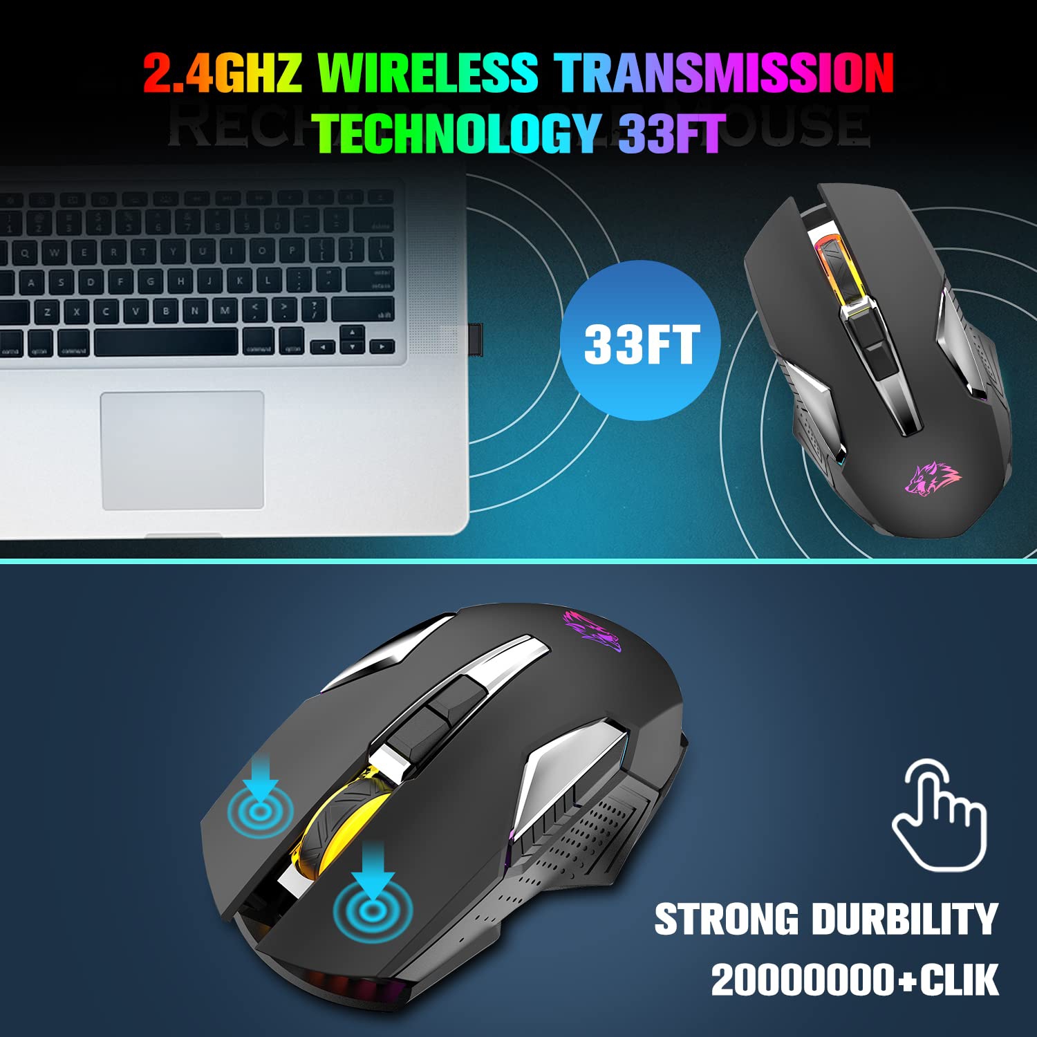 Wireless Gaming Mouse Rechargeable with Rainbow RGB Backlit ,Optical Sensor 3 Level DPI,Ergonomic Gamer Laptop High Performa