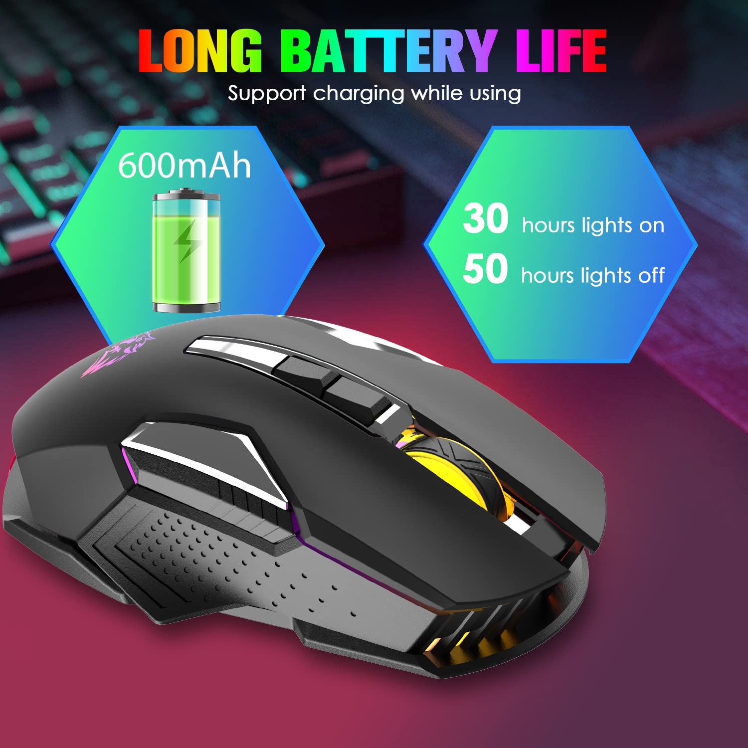 Wireless Gaming Mouse Rechargeable with Rainbow RGB Backlit ,Optical Sensor 3 Level DPI,Ergonomic Gamer Laptop High Performa