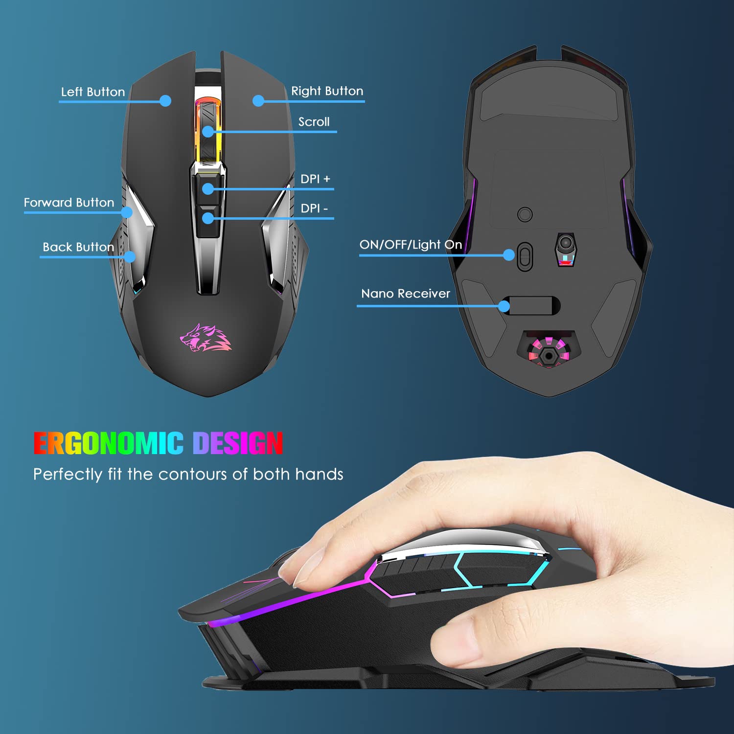 Wireless Gaming Mouse Rechargeable with Rainbow RGB Backlit ,Optical Sensor 3 Level DPI,Ergonomic Gamer Laptop High Performa