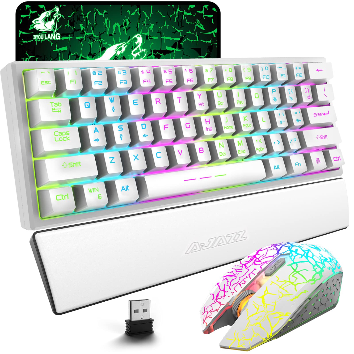 Wireless Keyboard and Mouse,61 Key Rainbow Backlit Gaming Keyboard with Keyboard Wrist Rest,Rechargeable 4000mAh,Mechanical
