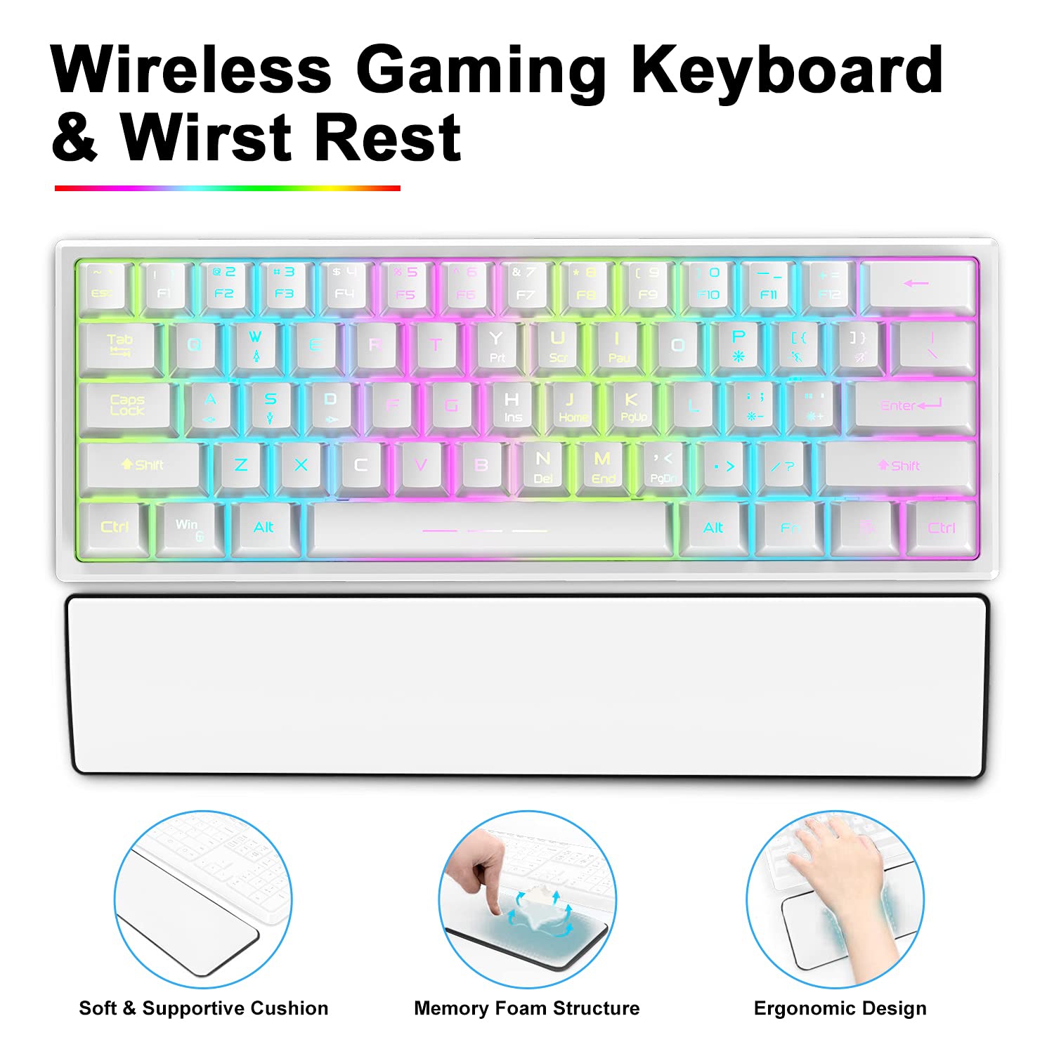 Wireless Keyboard and Mouse,61 Key Rainbow Backlit Gaming Keyboard with Keyboard Wrist Rest,Rechargeable 4000mAh,Mechanical
