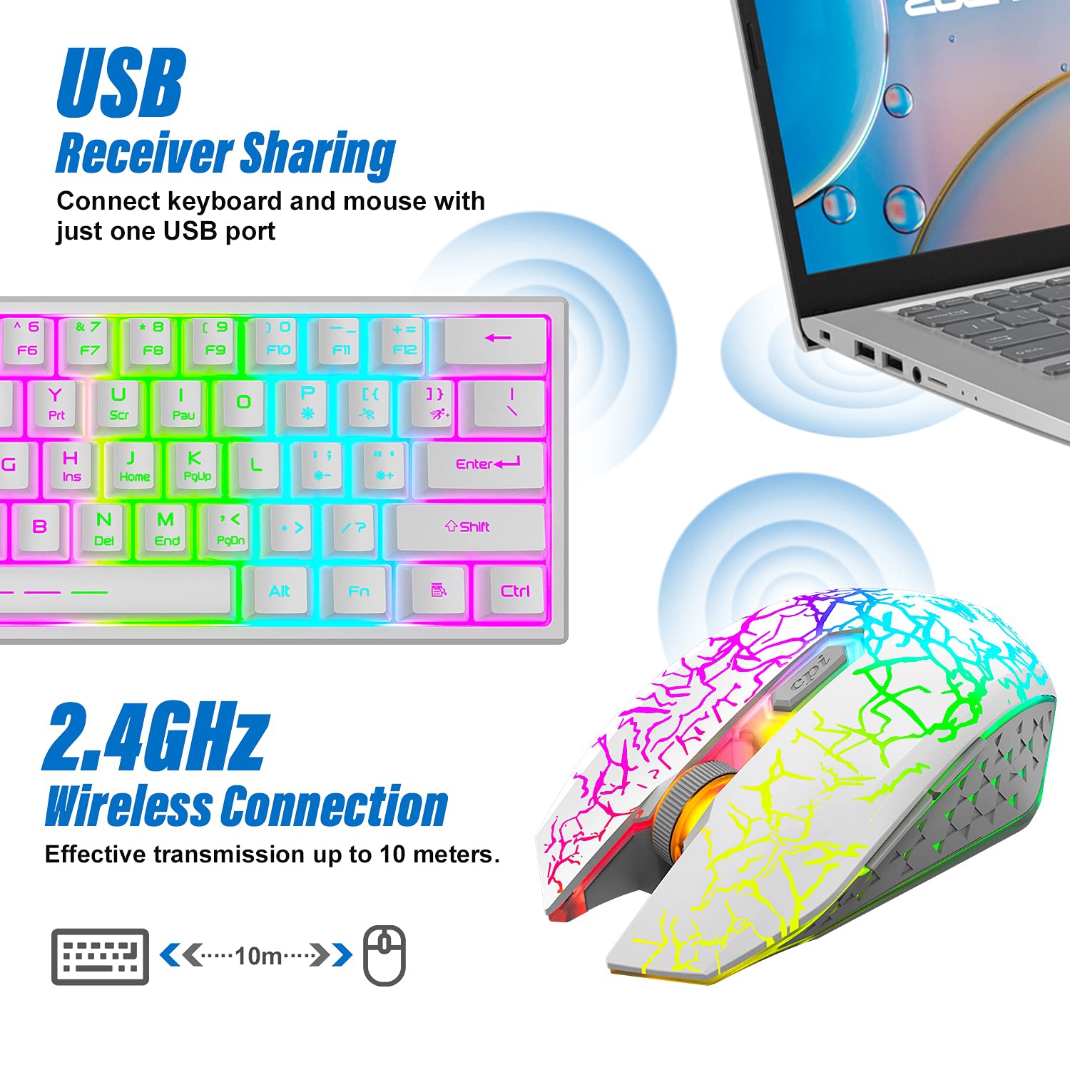 Wireless Keyboard and Mouse,61 Key Rainbow Backlit Gaming Keyboard with Keyboard Wrist Rest,Rechargeable 4000mAh,Mechanical