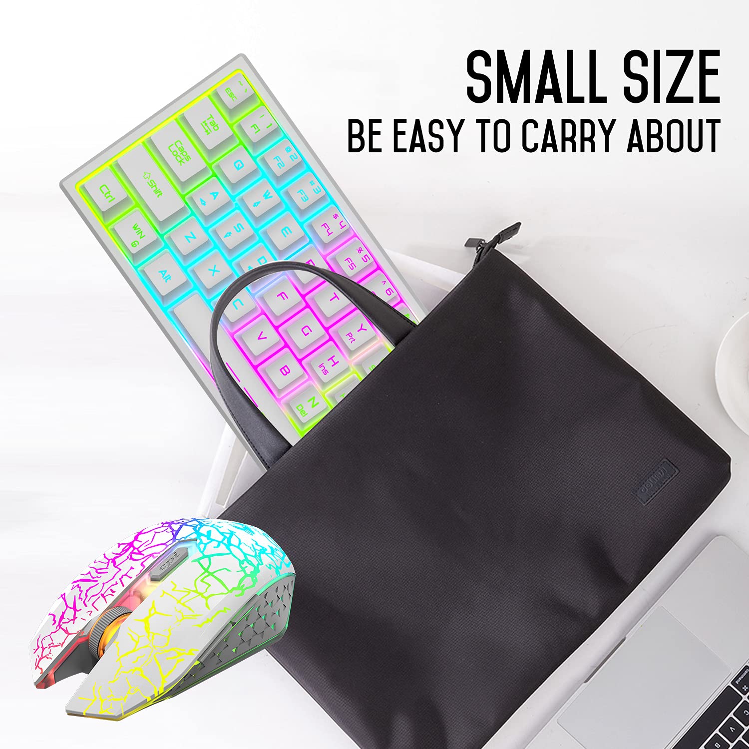 Wireless Keyboard and Mouse,61 Key Rainbow Backlit Gaming Keyboard with Keyboard Wrist Rest,Rechargeable 4000mAh,Mechanical