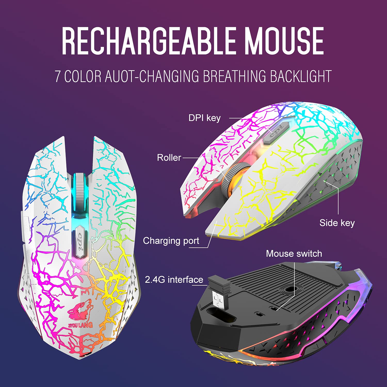 Wireless Keyboard and Mouse,61 Key Rainbow Backlit Gaming Keyboard with Keyboard Wrist Rest,Rechargeable 4000mAh,Mechanical