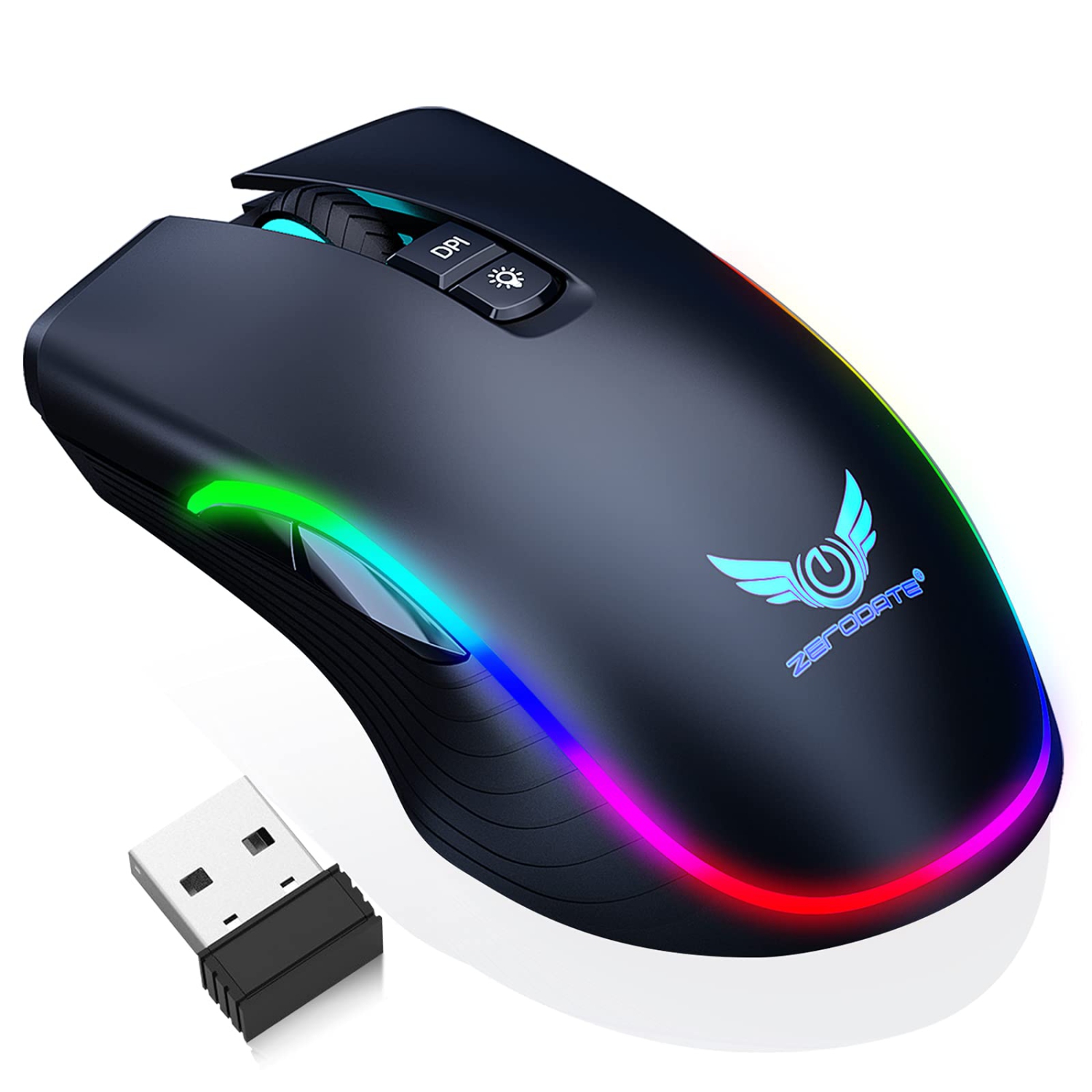 Rechargeable Wireless Gaming Mouse, RGB LED Backlit Mouse with 4 Adjustable DPI, 7 Button, 2.4G USB Optical Gaming Ergonomic