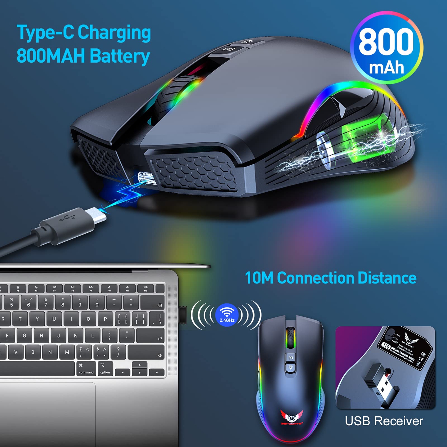 Rechargeable Wireless Gaming Mouse, RGB LED Backlit Mouse with 4 Adjustable DPI, 7 Button, 2.4G USB Optical Gaming Ergonomic