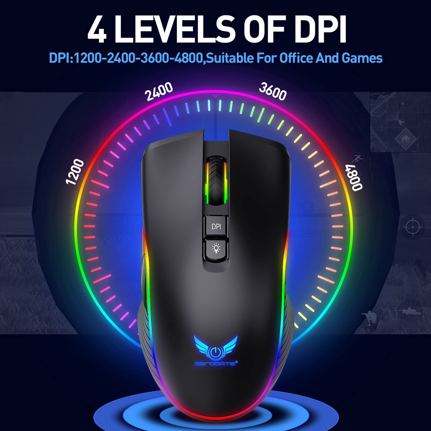 Rechargeable Wireless Gaming Mouse, RGB LED Backlit Mouse with 4 Adjustable DPI, 7 Button, 2.4G USB Optical Gaming Ergonomic