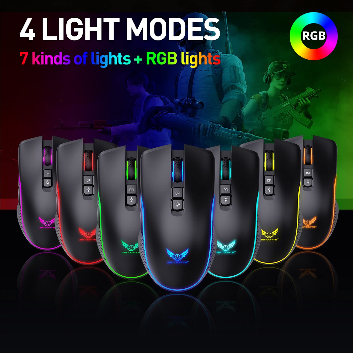 Rechargeable Wireless Gaming Mouse, RGB LED Backlit Mouse with 4 Adjustable DPI, 7 Button, 2.4G USB Optical Gaming Ergonomic