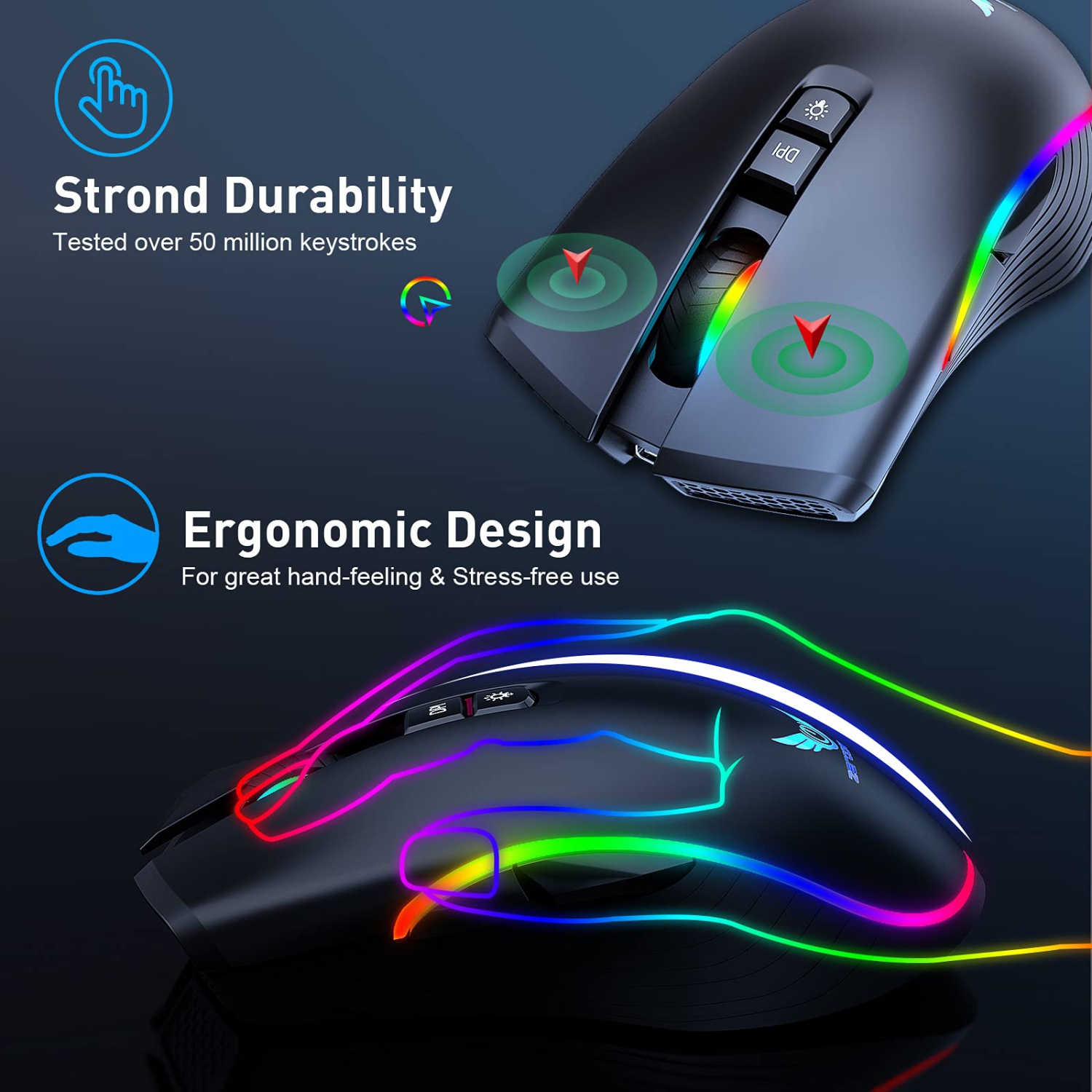 Rechargeable Wireless Gaming Mouse, RGB LED Backlit Mouse with 4 Adjustable DPI, 7 Button, 2.4G USB Optical Gaming Ergonomic