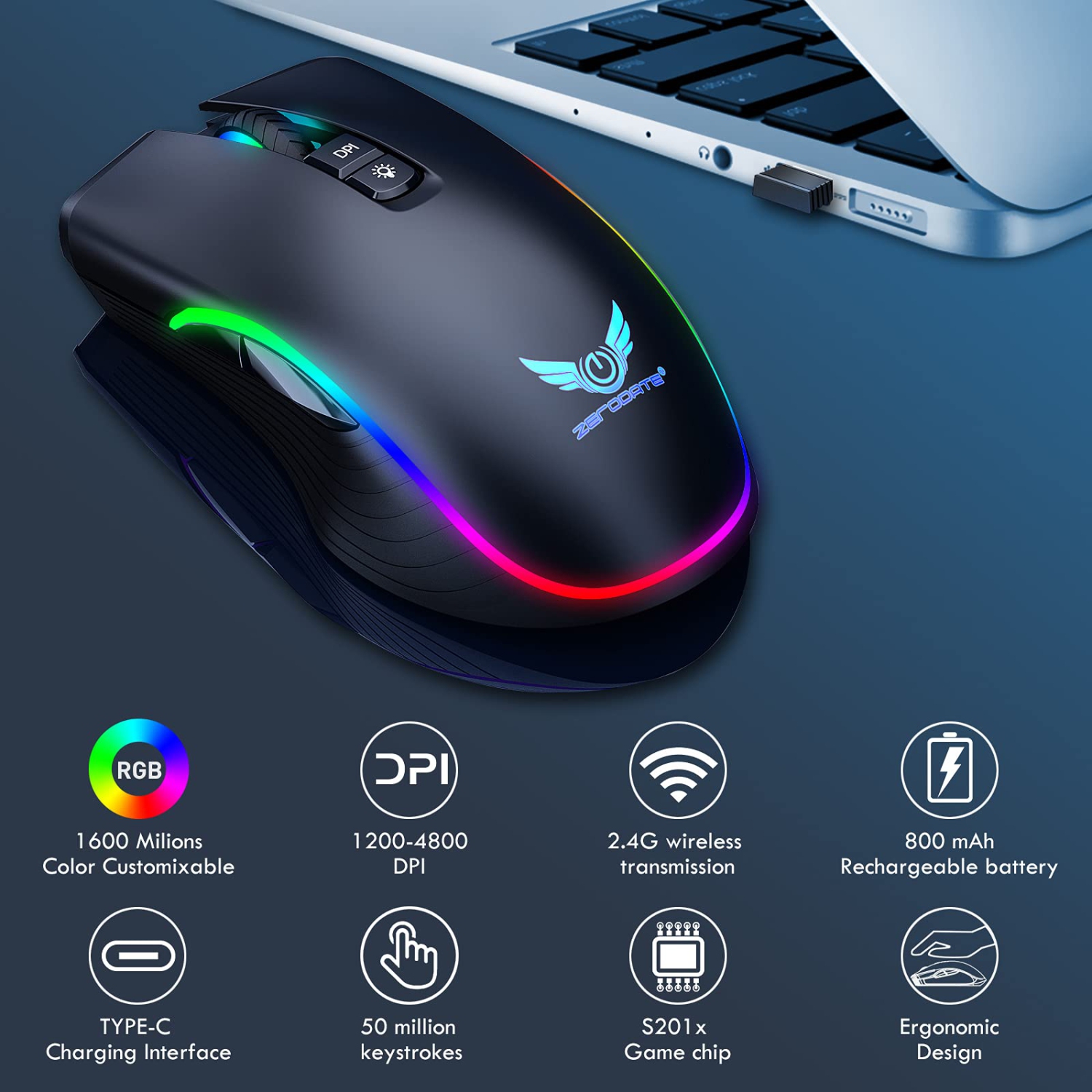 Rechargeable Wireless Gaming Mouse, RGB LED Backlit Mouse with 4 Adjustable DPI, 7 Button, 2.4G USB Optical Gaming Ergonomic