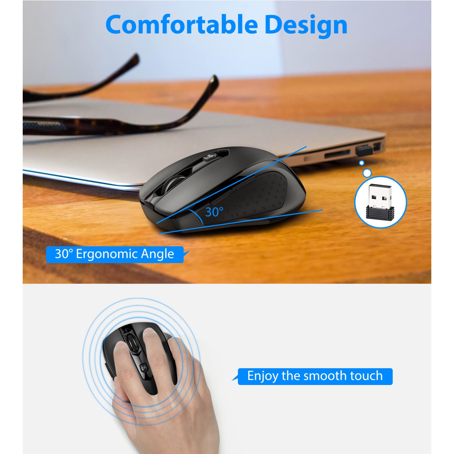 Wireless Mouse, 2.4GHz Computer Mouse with USB, 5-Level DPI Mouse for Laptop, Ergonomic Mouse up to 16 Months Battery Life (