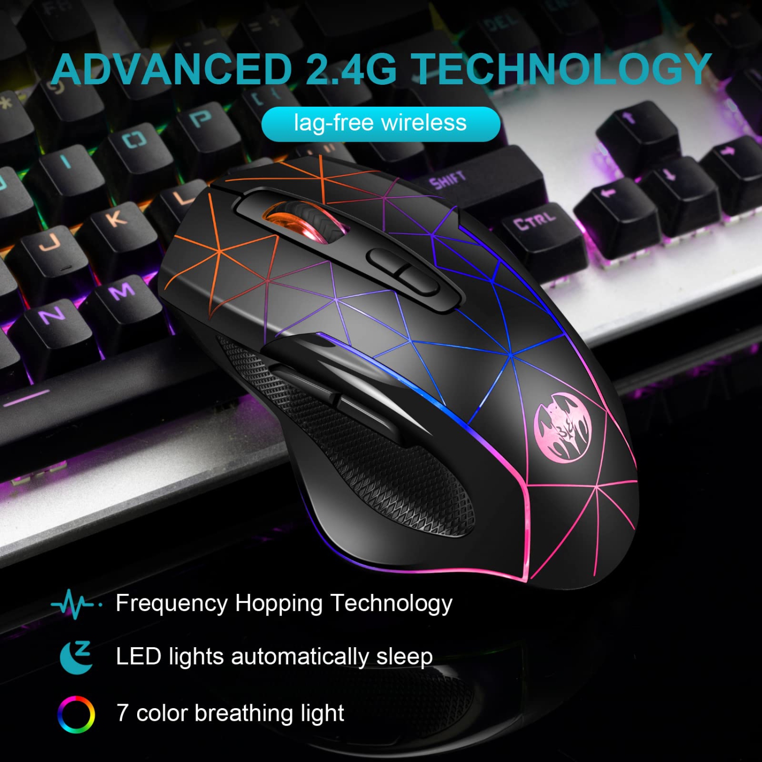 Wireless Gaming Mouse, VEGCOO C8 Rechargeable Wireless Mouse with 2.4G USB Receiver, 3 Level DPI, 7 Buttons, 7 Colors LED Li
