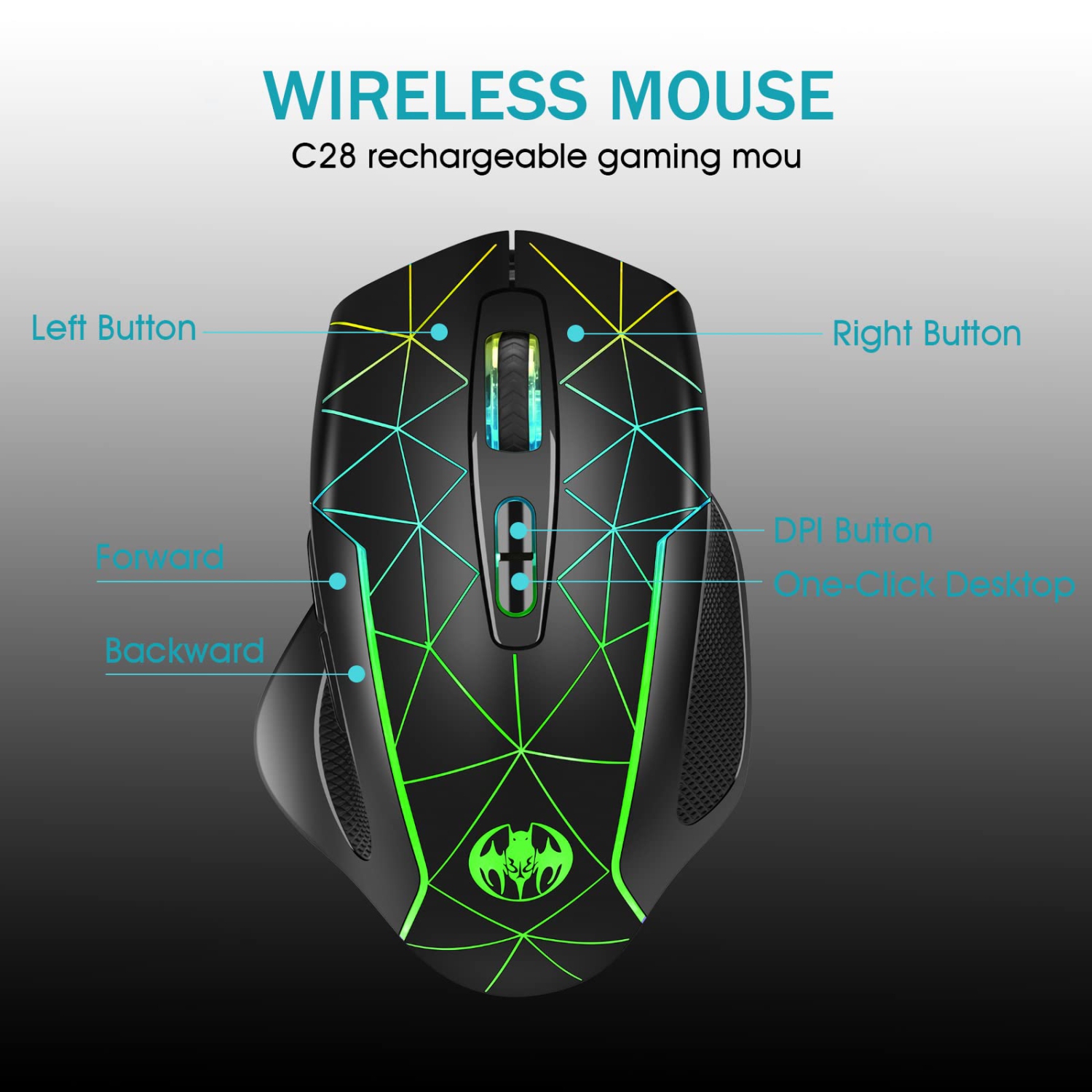 Wireless Gaming Mouse, VEGCOO C8 Rechargeable Wireless Mouse with 2.4G USB Receiver, 3 Level DPI, 7 Buttons, 7 Colors LED Li