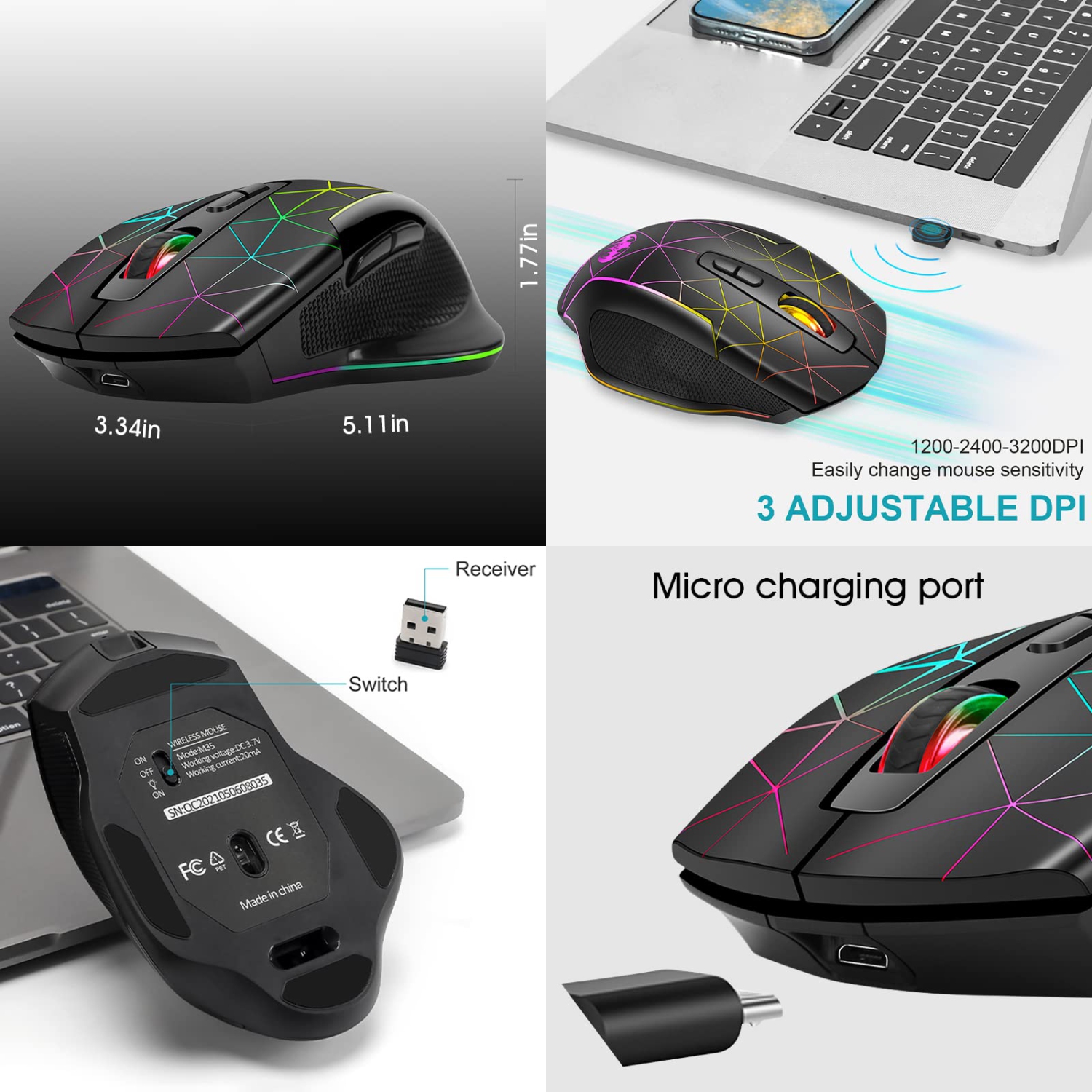 Wireless Gaming Mouse, VEGCOO C8 Rechargeable Wireless Mouse with 2.4G USB Receiver, 3 Level DPI, 7 Buttons, 7 Colors LED Li