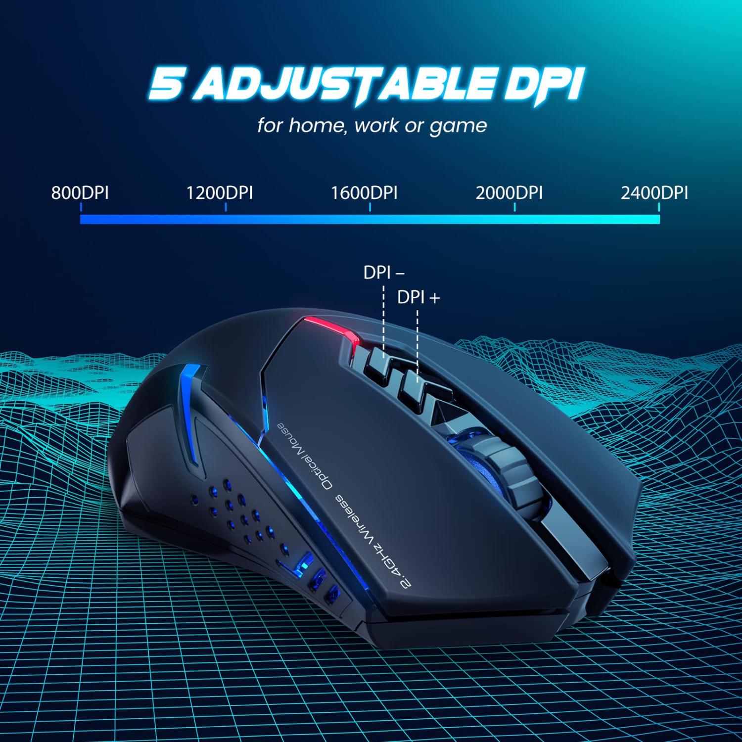 Wireless Gaming Mouse- USB Cordless PC Computer Mice with LED Blue Backlit, Ergonomic Silent Gamer Laptop Mouse with 7 Silen