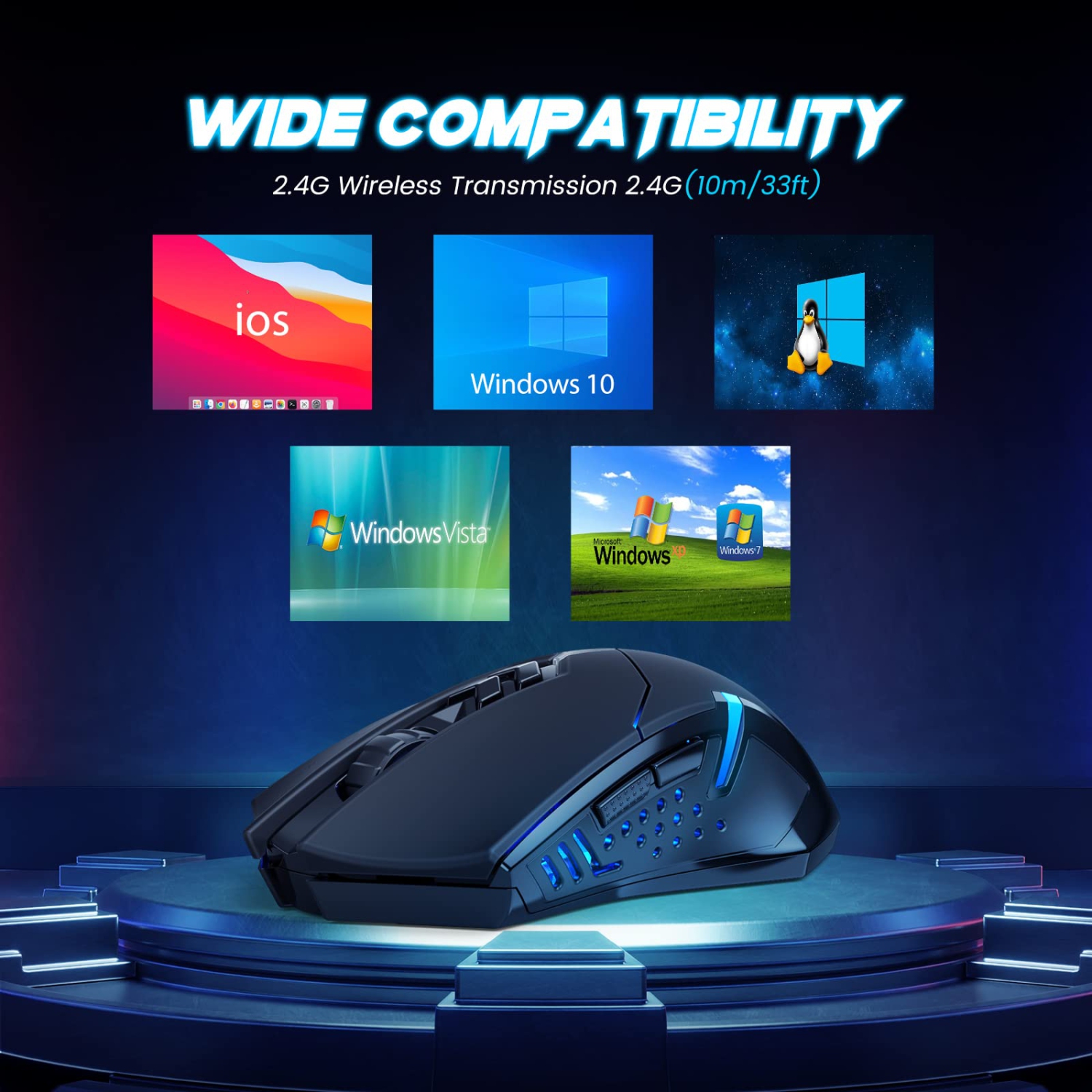 Wireless Gaming Mouse- USB Cordless PC Computer Mice with LED Blue Backlit, Ergonomic Silent Gamer Laptop Mouse with 7 Silen