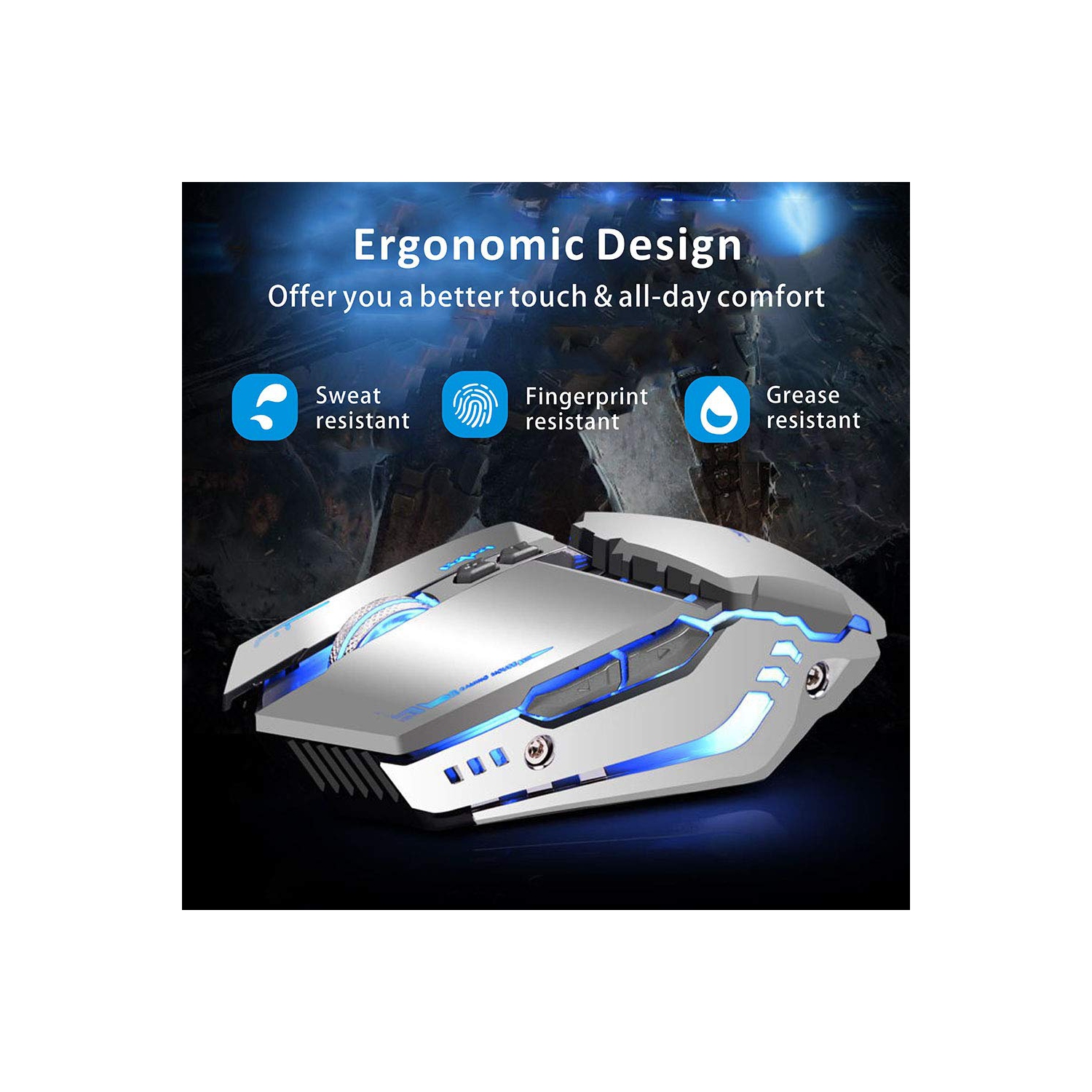 Souris de jeu sans fil T12 TENMOS rechargeable, souris optique sans fil silencieuse 2,4 GHz compatible avec les voyants DEL modifiables