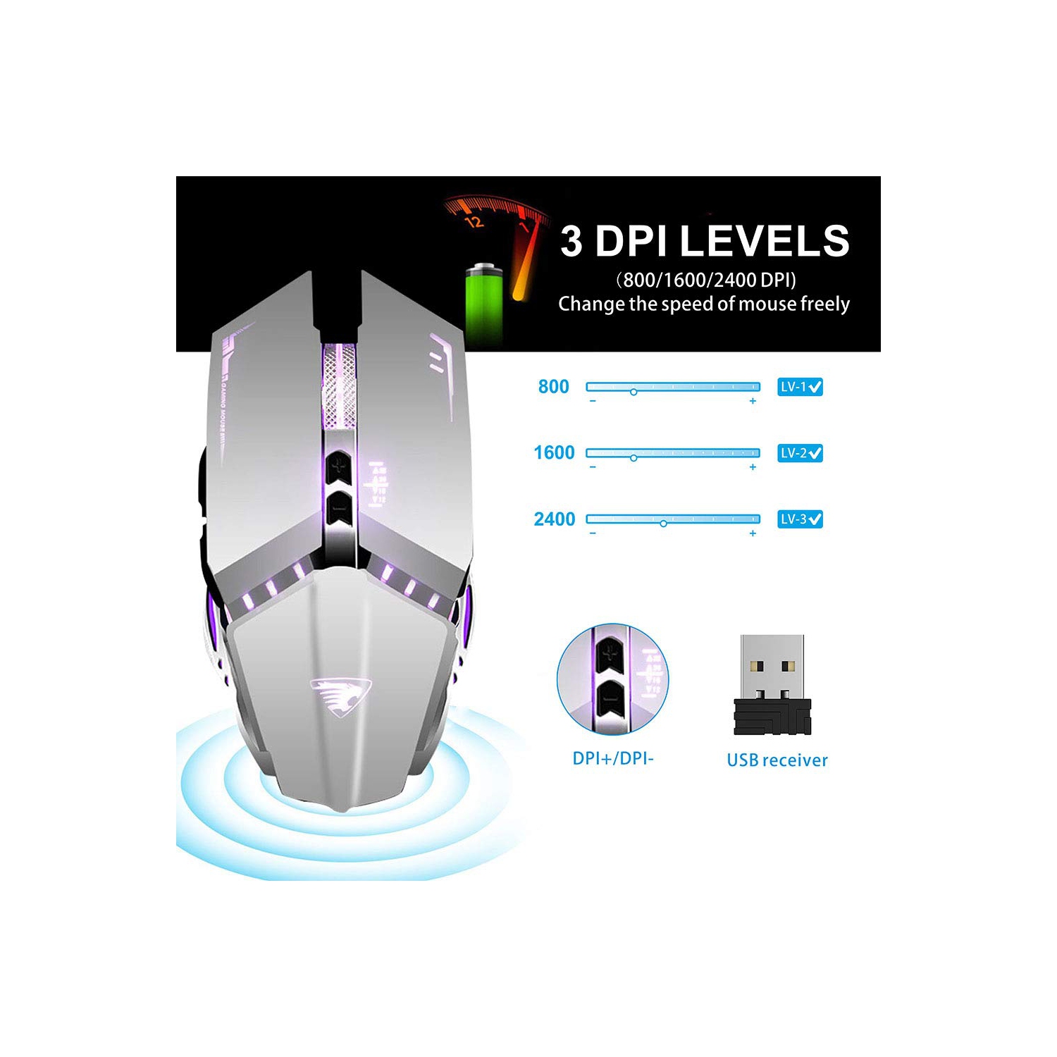 Souris de jeu sans fil T12 TENMOS rechargeable, souris optique sans fil silencieuse 2,4 GHz compatible avec les voyants DEL modifiables