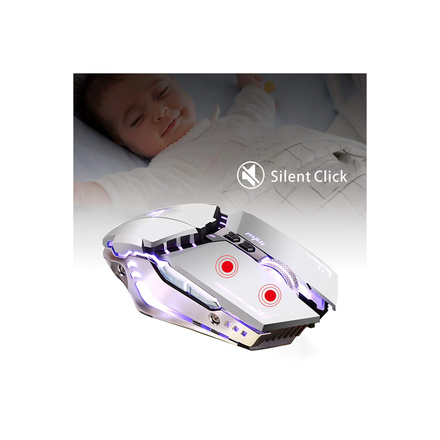 Souris de jeu sans fil T12 TENMOS rechargeable, souris optique sans fil silencieuse 2,4 GHz compatible avec les voyants DEL modifiables