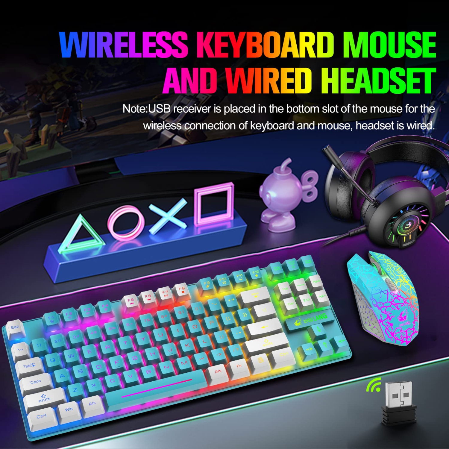 Wireless Gaming Keyboard and Mouse Combo with 87Key Rainbow LED