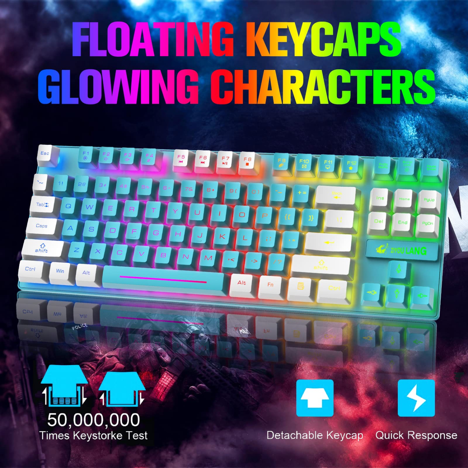 Ensemble clavier et souris de jeu sans fil avec batterie rechargeable longue durée de 3800 mAh à rétroéclairage DEL arc-en-ciel de 87 touches TKL