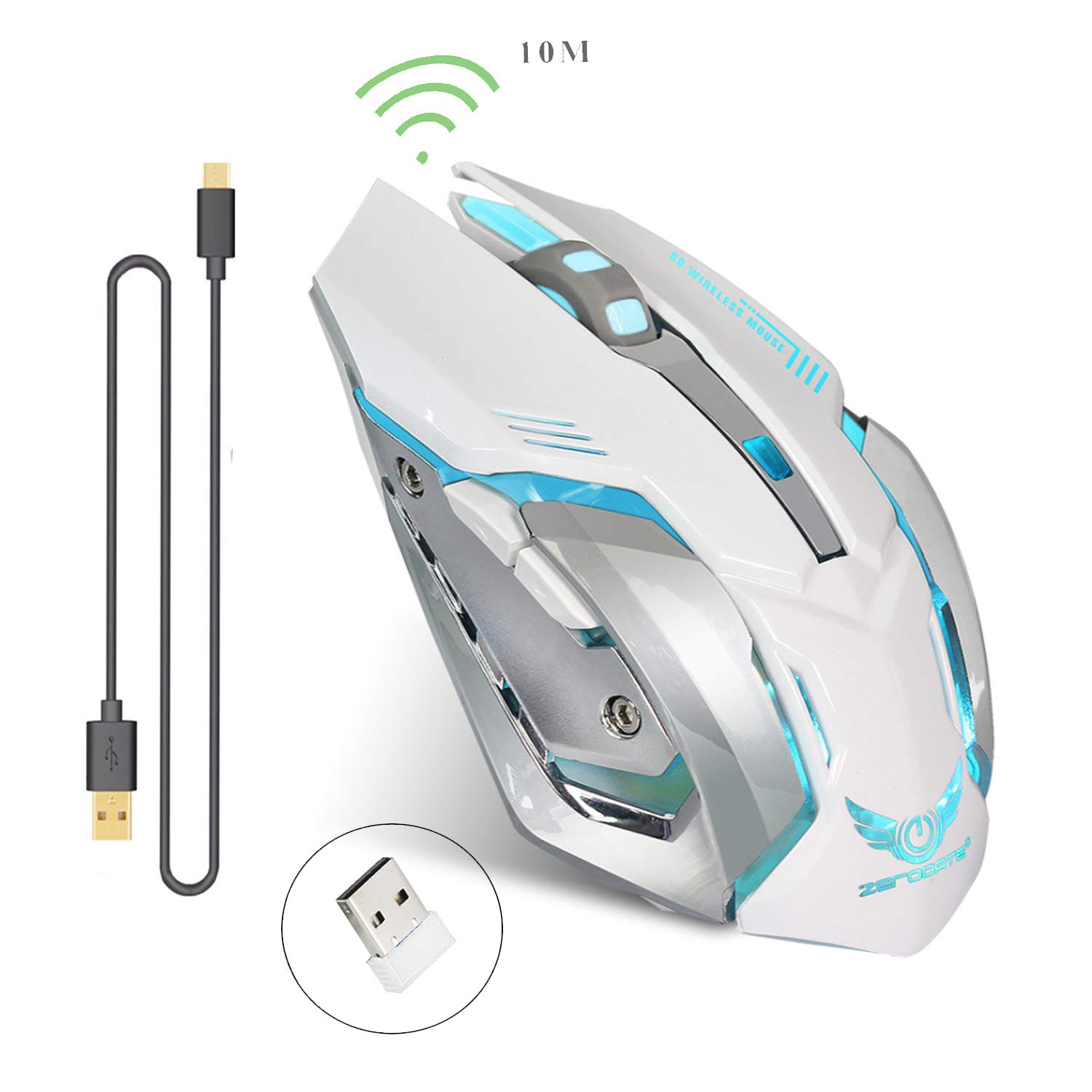 Rechargeable 2.4Ghz Wireless Gaming Mouse with USB Receiver,7 Colors Backlit for MacBook, Computer PC, Laptop (600Mah Lithiu