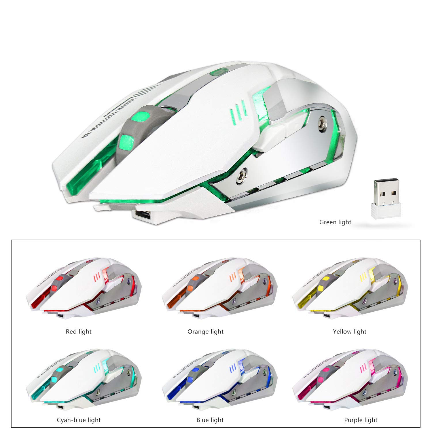 Rechargeable 2.4Ghz Wireless Gaming Mouse with USB Receiver,7 Colors Backlit for MacBook, Computer PC, Laptop (600Mah Lithiu