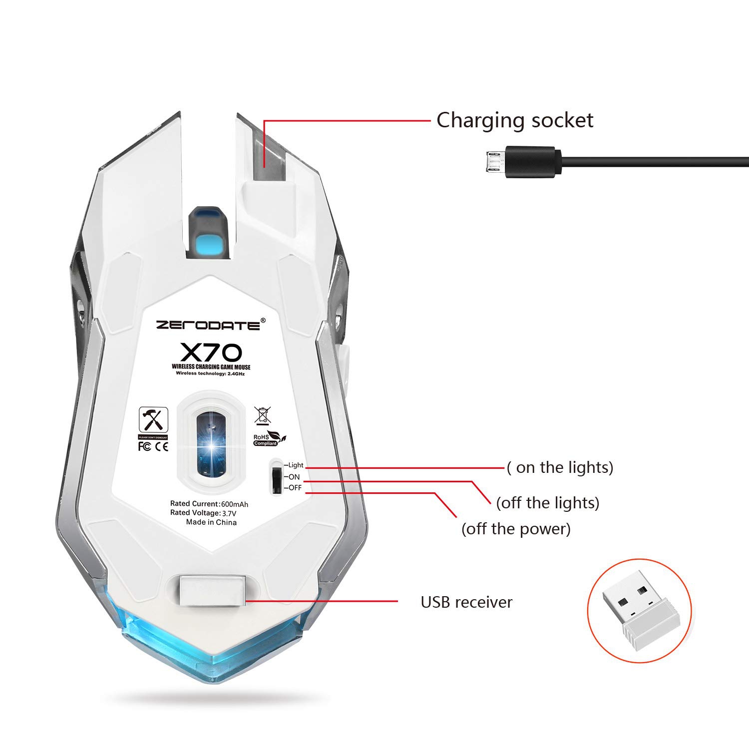 Rechargeable 2.4Ghz Wireless Gaming Mouse with USB Receiver,7 Colors Backlit for MacBook, Computer PC, Laptop (600Mah Lithiu