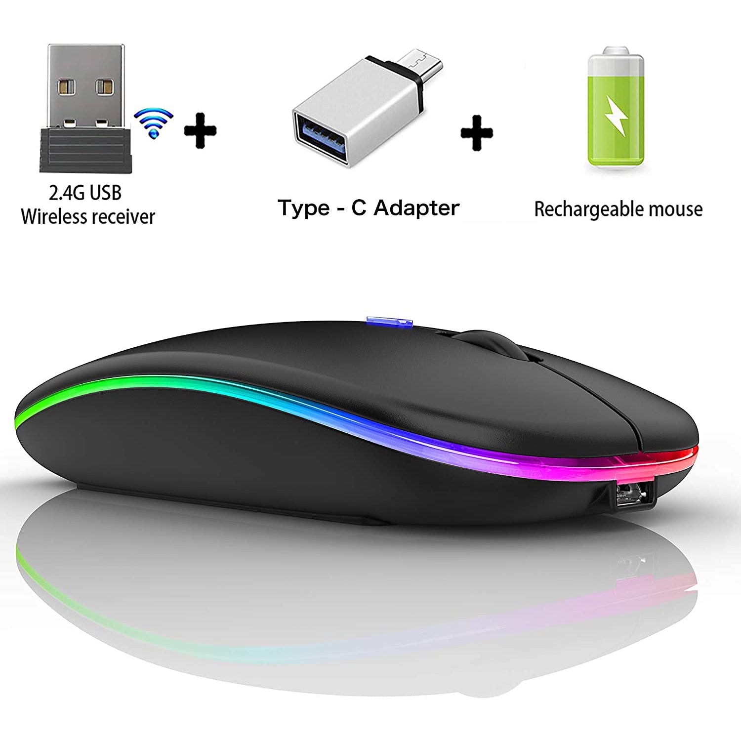 LED Rechargeable Wireless Mouse, 2.4G Slim Wireless Silent Computer Mouse with USB and Type C Receiver Compatible with Noteb