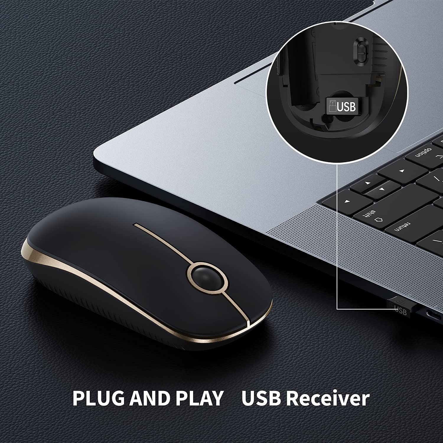 Wireless Mouse, Vssoplor 2.4G Slim Portable Computer Mice with Nano Receiver for Notebook, PC, Laptop, Computer-Gold and Bla