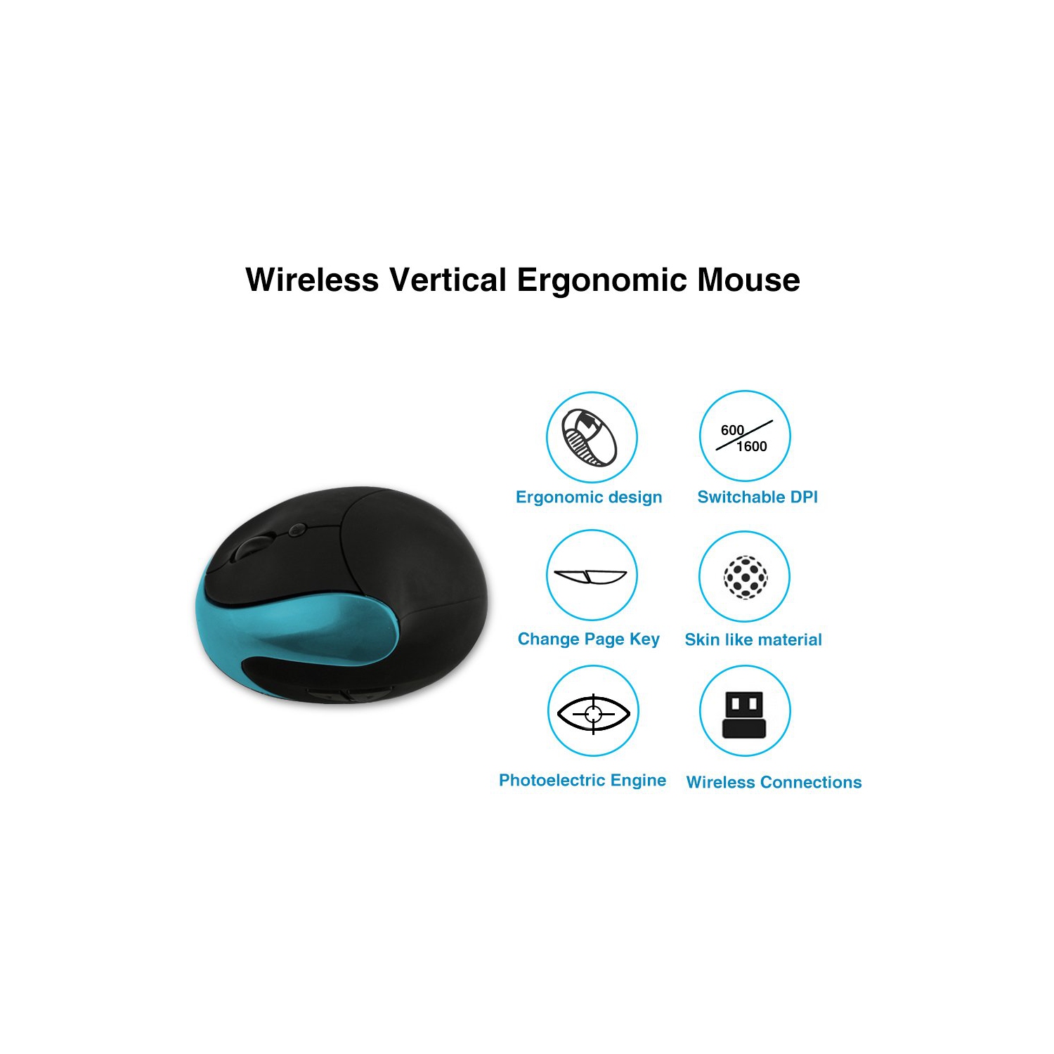 Wireless Mouse 2.4G Ergonomic Vertical Optical Mouse with Nano Receiver,4 Adjustable DPI 800/1200/ 1600/2400,Rechargeable Li