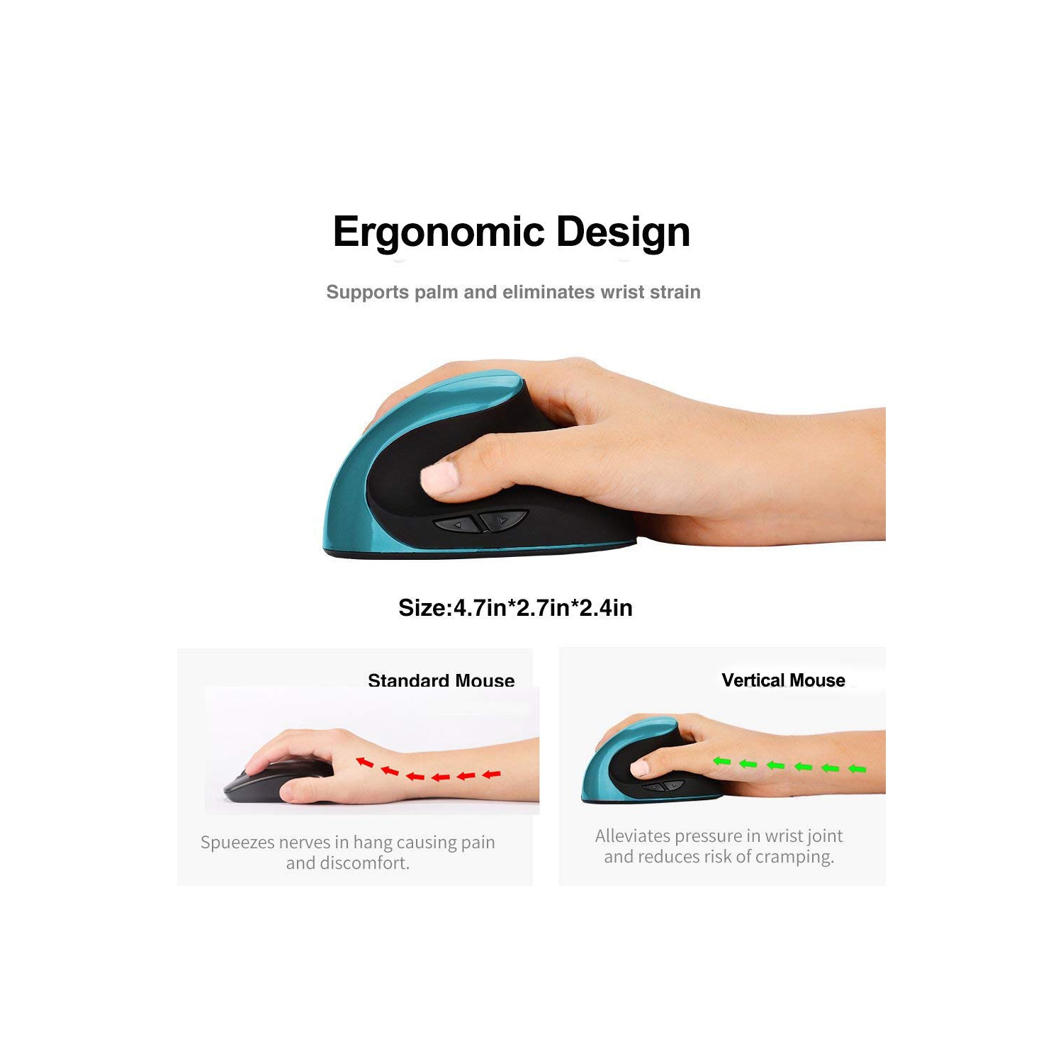 Wireless Mouse 2.4G Ergonomic Vertical Optical Mouse with Nano Receiver,4 Adjustable DPI 800/1200/ 1600/2400,Rechargeable Li