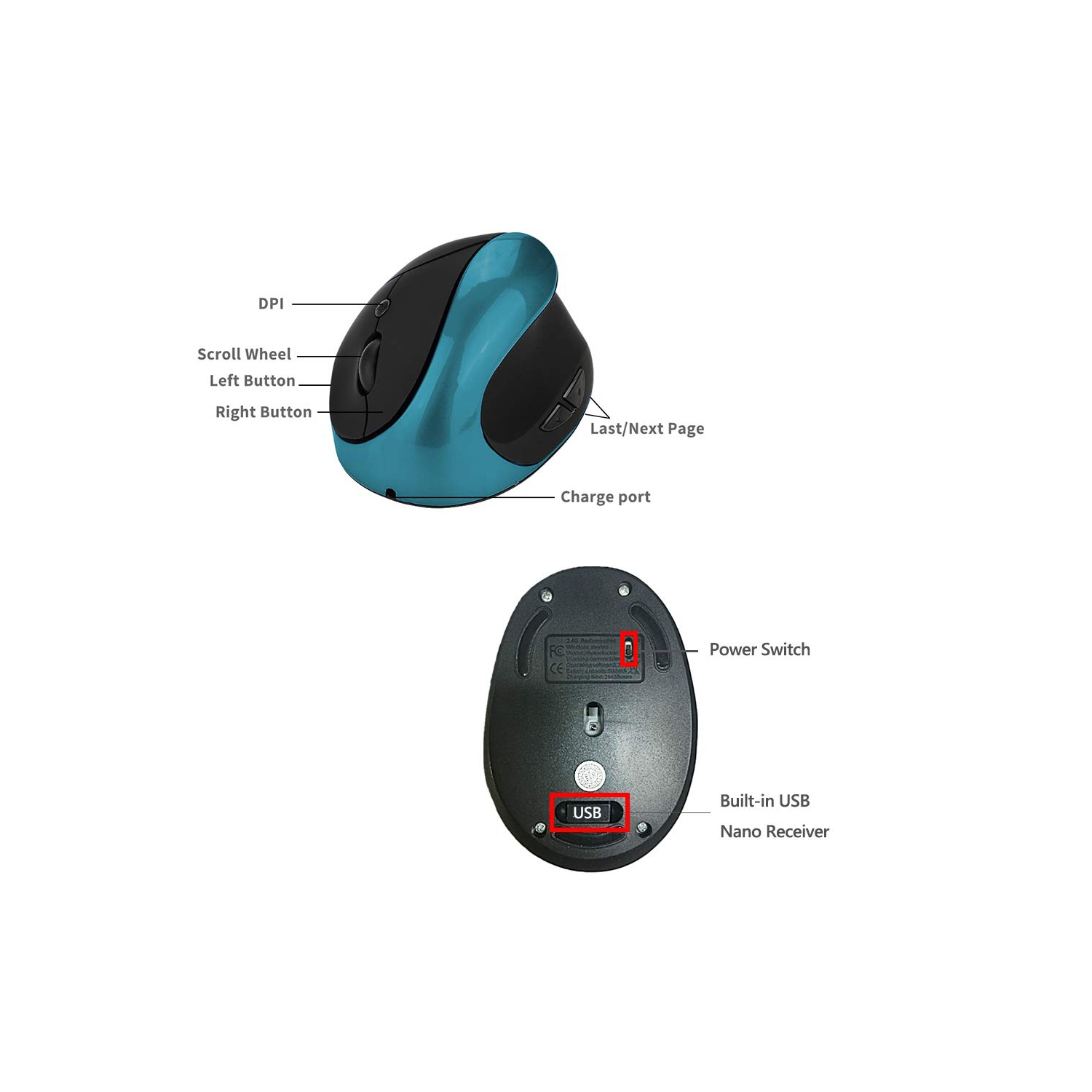 Wireless Mouse 2.4G Ergonomic Vertical Optical Mouse with Nano Receiver,4 Adjustable DPI 800/1200/ 1600/2400,Rechargeable Li