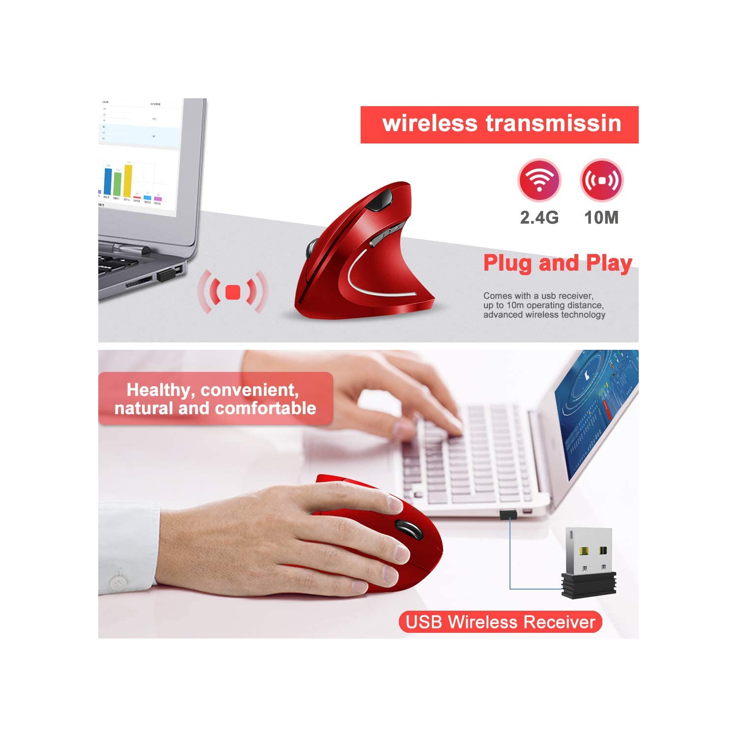 Vassink Ergonomic Mouse, Rechargeable Wireless Mouse, 2.4GHz Rechargeable Wireless Vertical Optical Mice with USB Receiver,