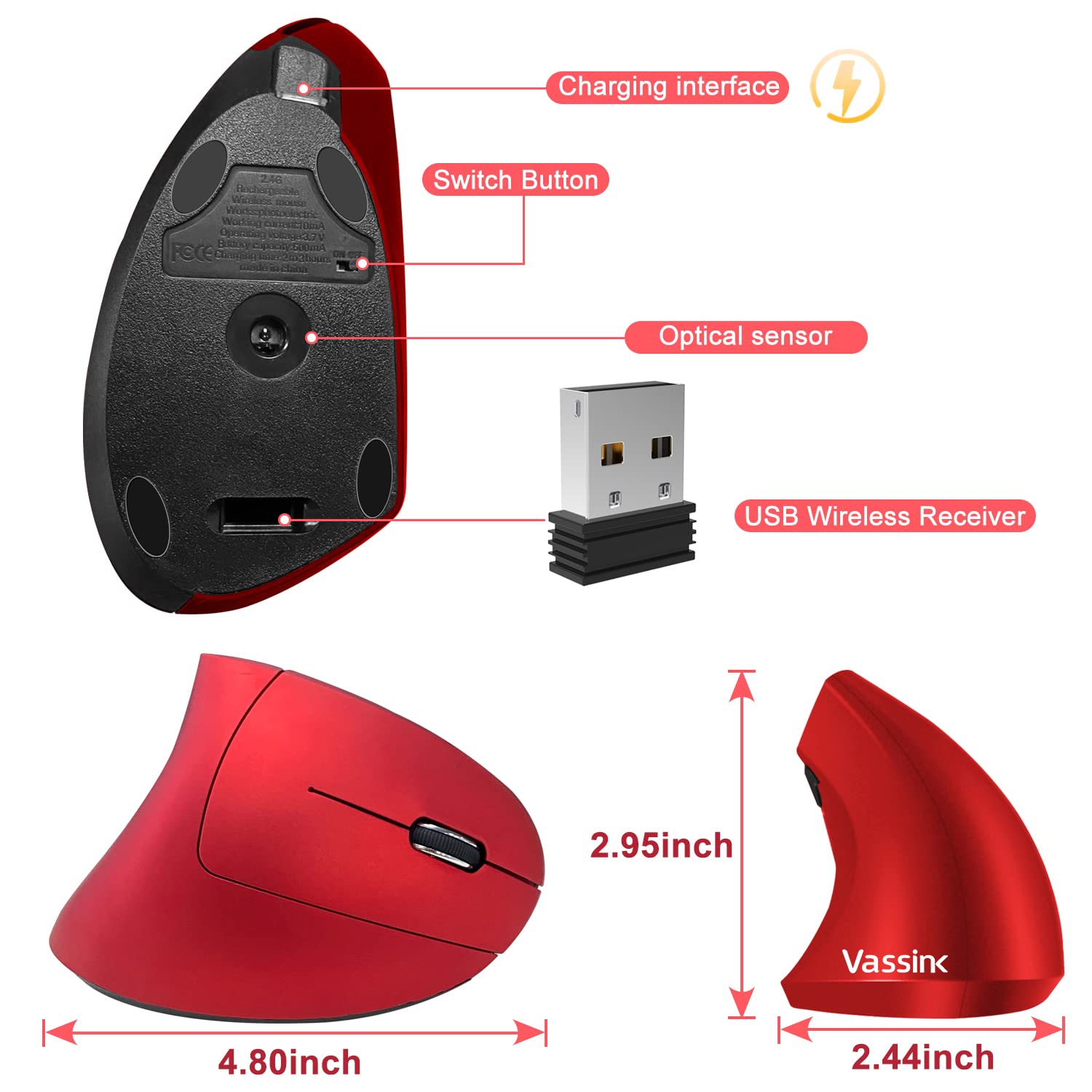 Vassink Ergonomic Mouse, Rechargeable Wireless Mouse, 2.4GHz Rechargeable Wireless Vertical Optical Mice with USB Receiver,
