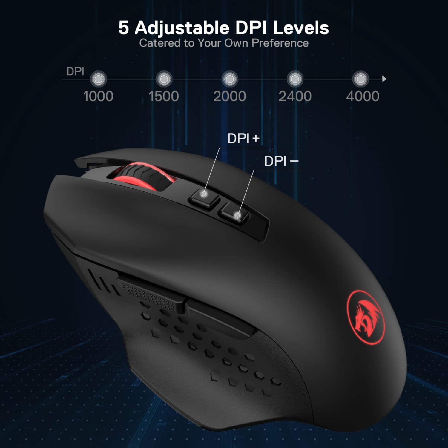 Redragon M656 Gainer Wireless Gaming Mouse, 4000 DPI 2.4Ghz Wireless Gamer Mouse w/ 5 DPI Levels, 7 Macro Buttons, Red LED B