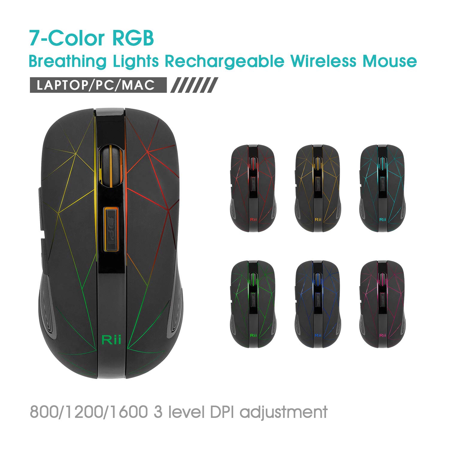 Rii – Souris sans fil RM200, DEL RVB Souris optique rechargeable, souris d’ordinateur, 3 souris ppp réglables, 6 boutons avec USB N.