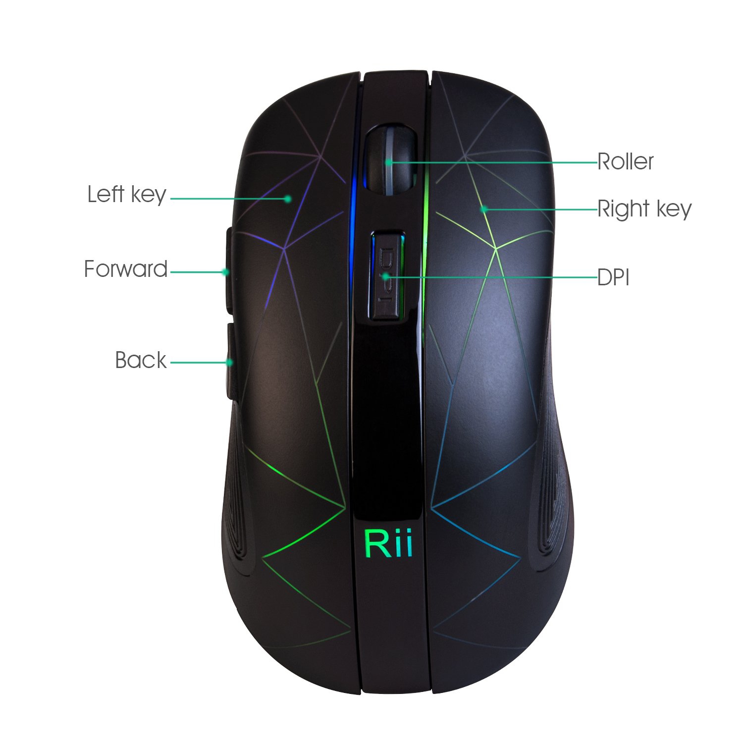 Rii – Souris sans fil RM200, DEL RVB Souris optique rechargeable, souris d’ordinateur, 3 souris ppp réglables, 6 boutons avec USB N.