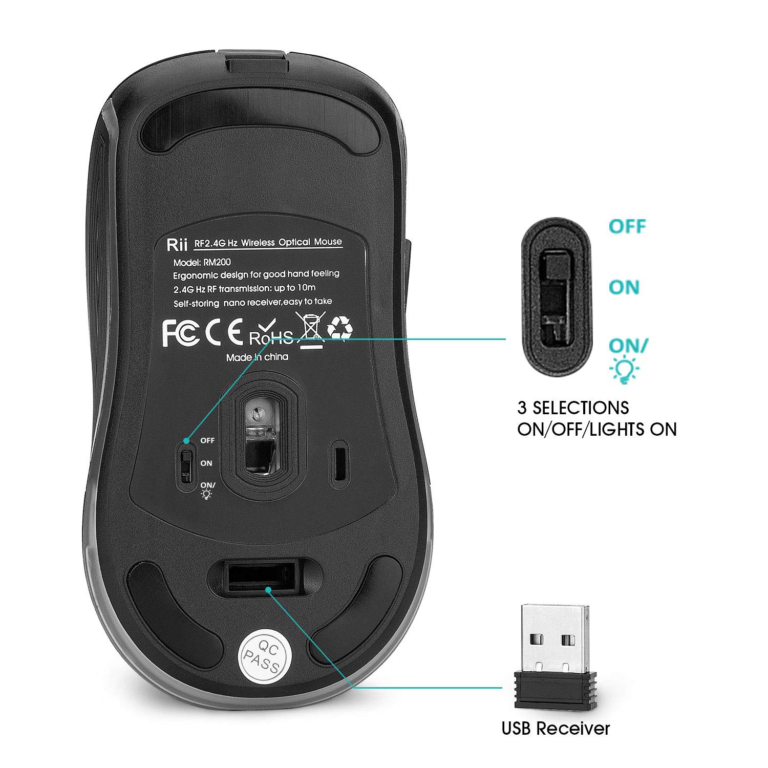 Rii – Souris sans fil RM200, DEL RVB Souris optique rechargeable, souris d’ordinateur, 3 souris ppp réglables, 6 boutons avec USB N.