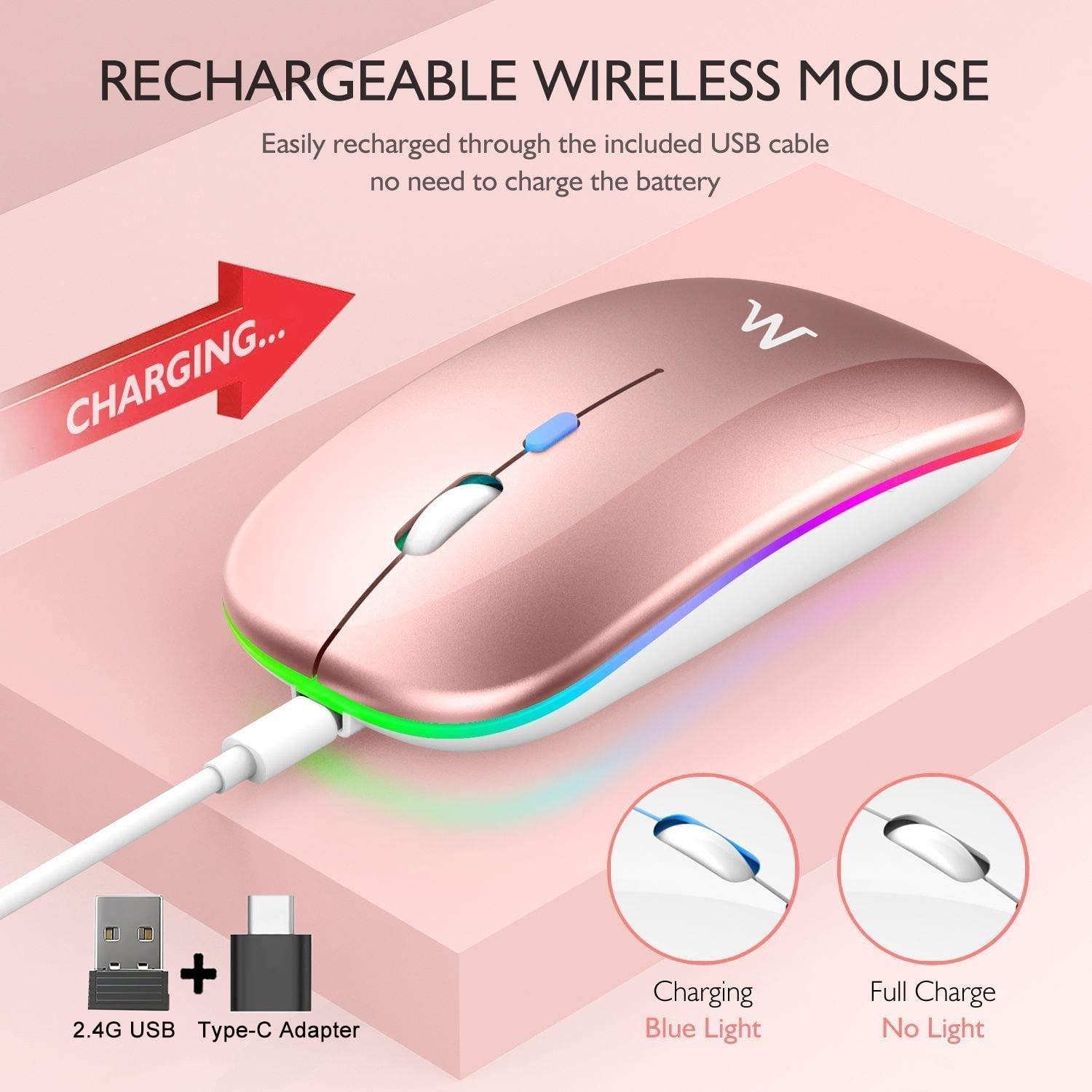 LED Wireless Mouse, Rechargeable Slim Wireless Silent Mouse, 2.4G Portable USB Optical Wireless Computer Mice with USB Recei