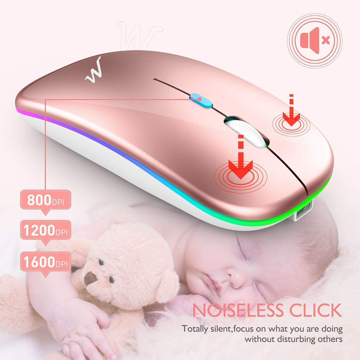 LED Wireless Mouse, Rechargeable Slim Wireless Silent Mouse, 2.4G Portable USB Optical Wireless Computer Mice with USB Recei