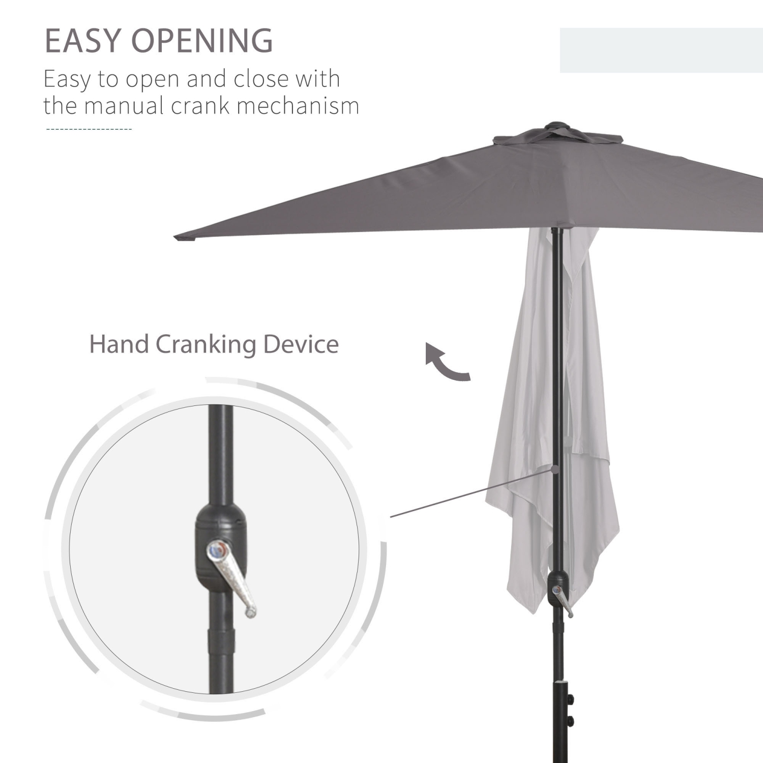 Outsunny Demi-parasol 8' pour extérieur, balcon, terrasse, jardin, fenêtre extérieure, toit avec 5 nervures, gris