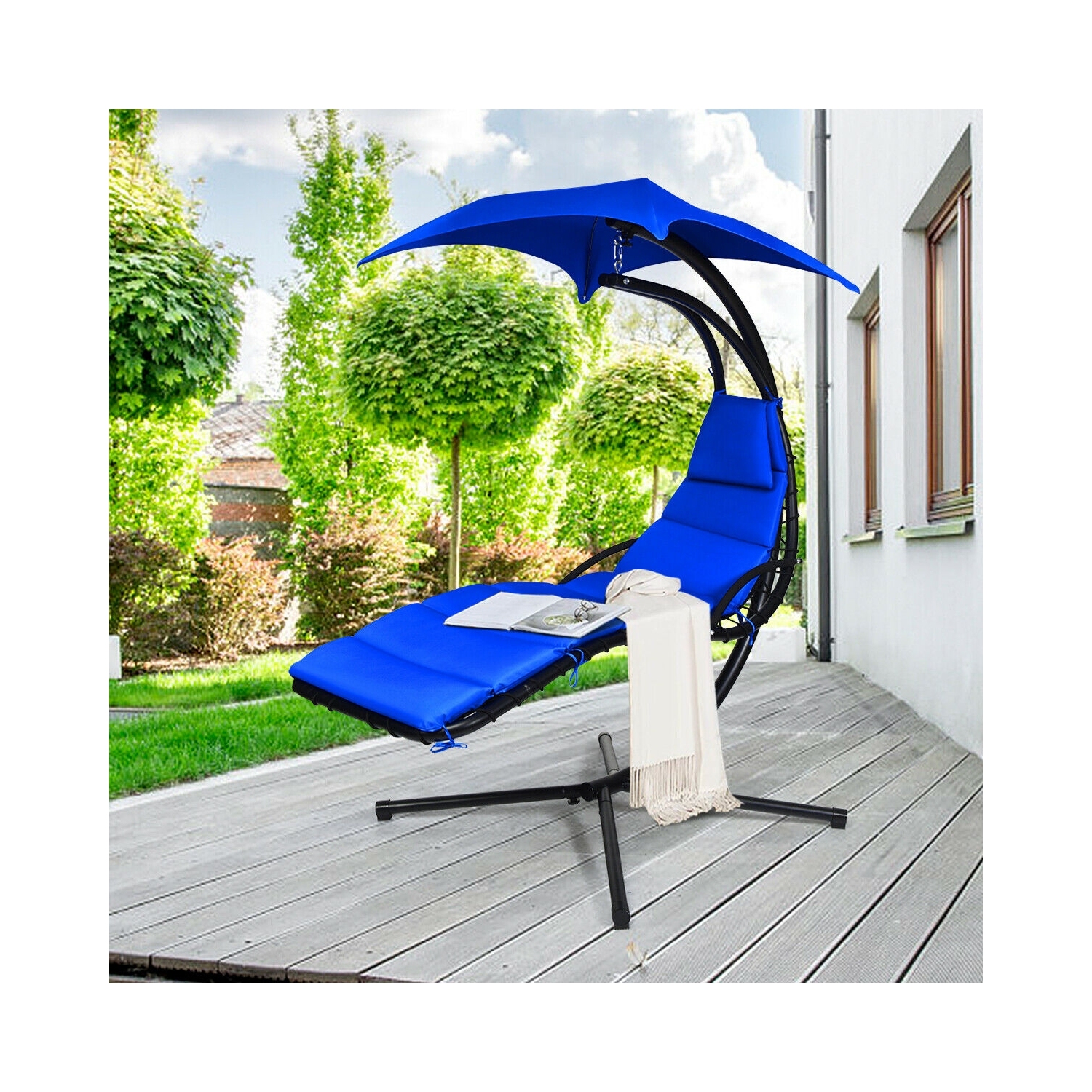 Chaise longue suspendue avec support et coussin pour l'extérieur