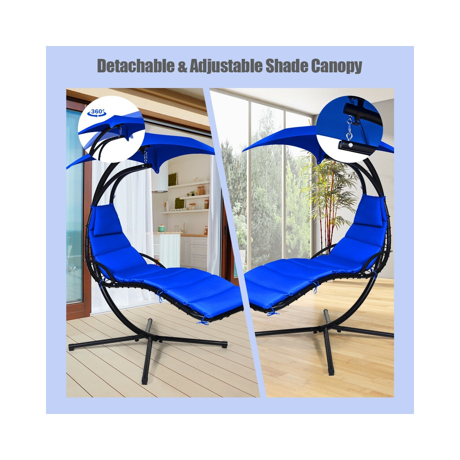 Chaise longue suspendue avec support et coussin pour l'extérieur