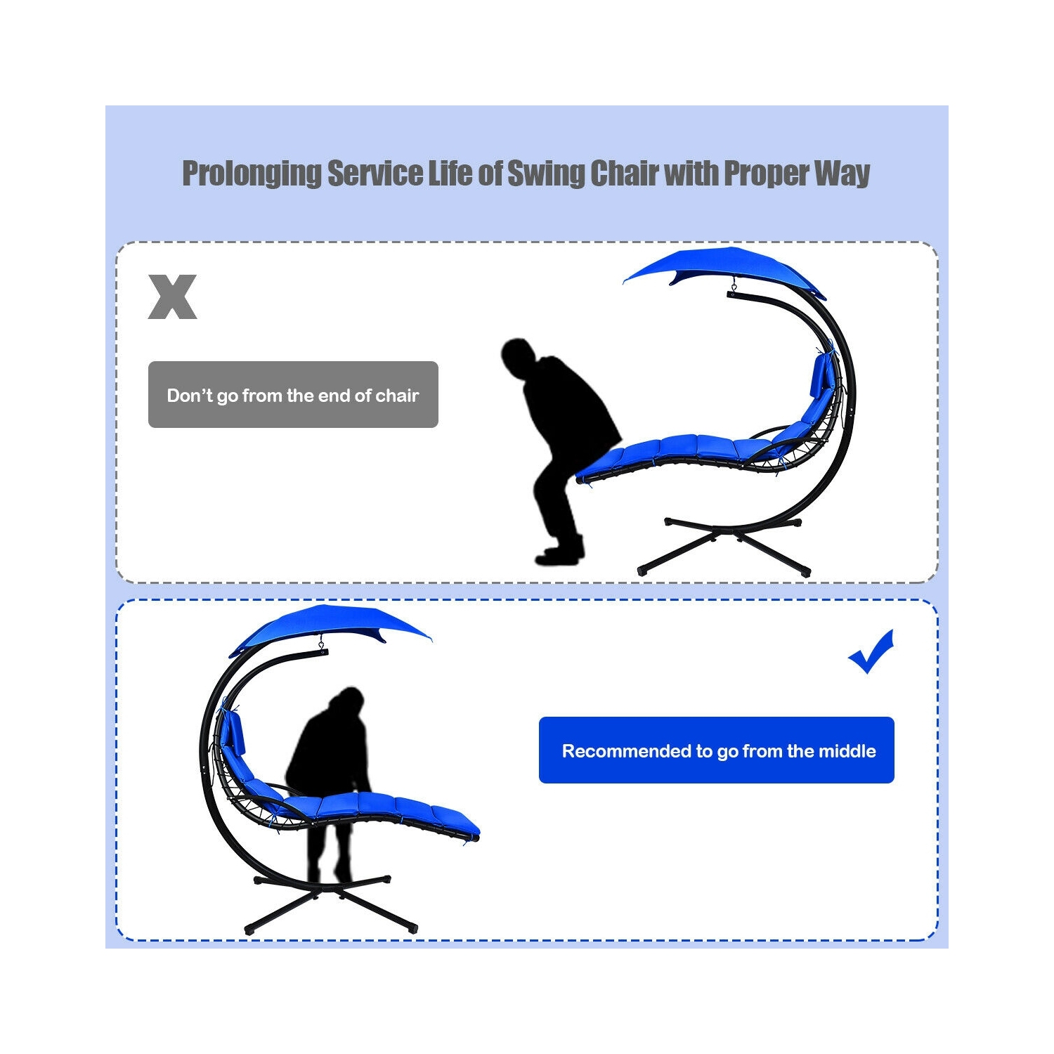 Chaise longue suspendue avec support et coussin pour l'extérieur