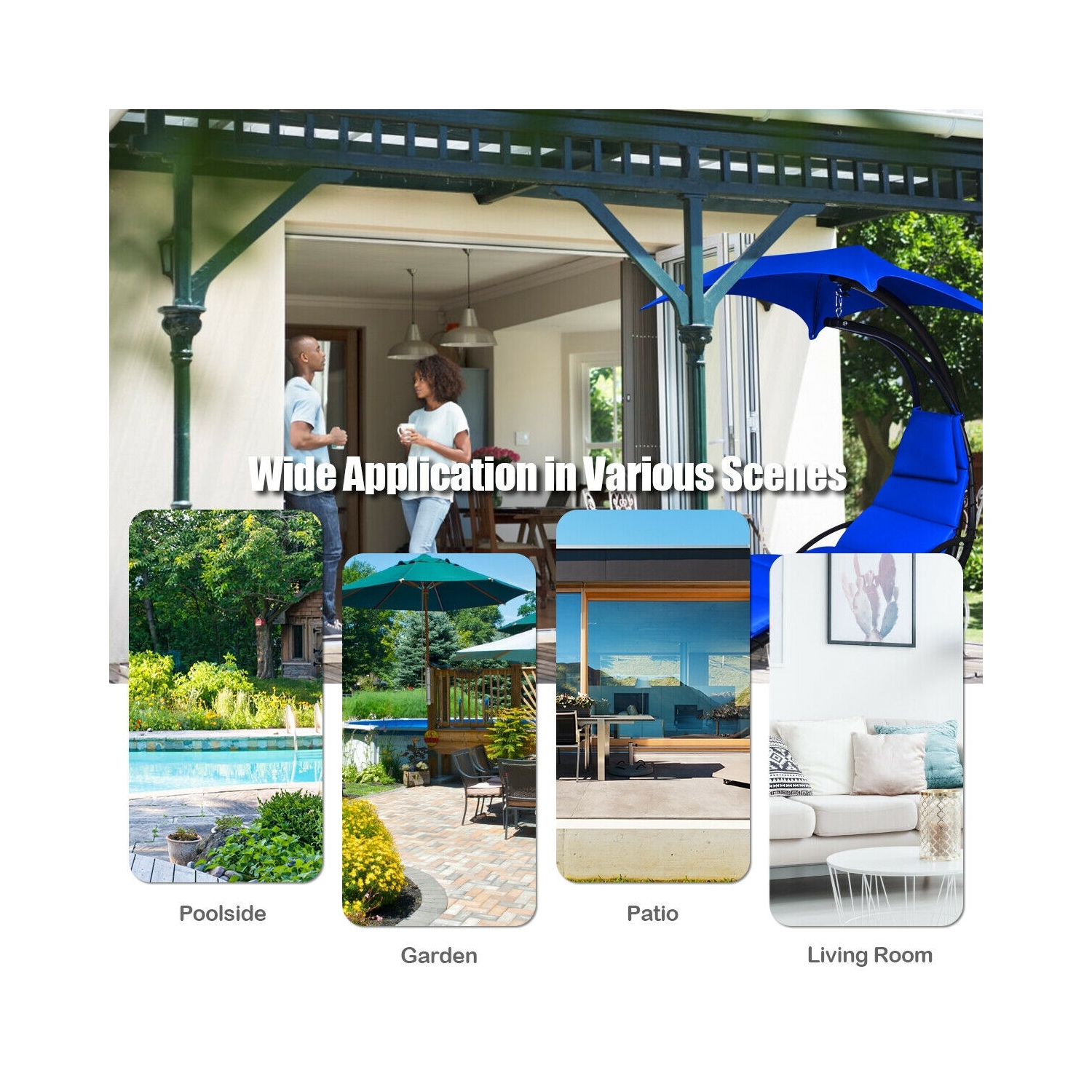 Chaise longue suspendue avec support et coussin pour l'extérieur