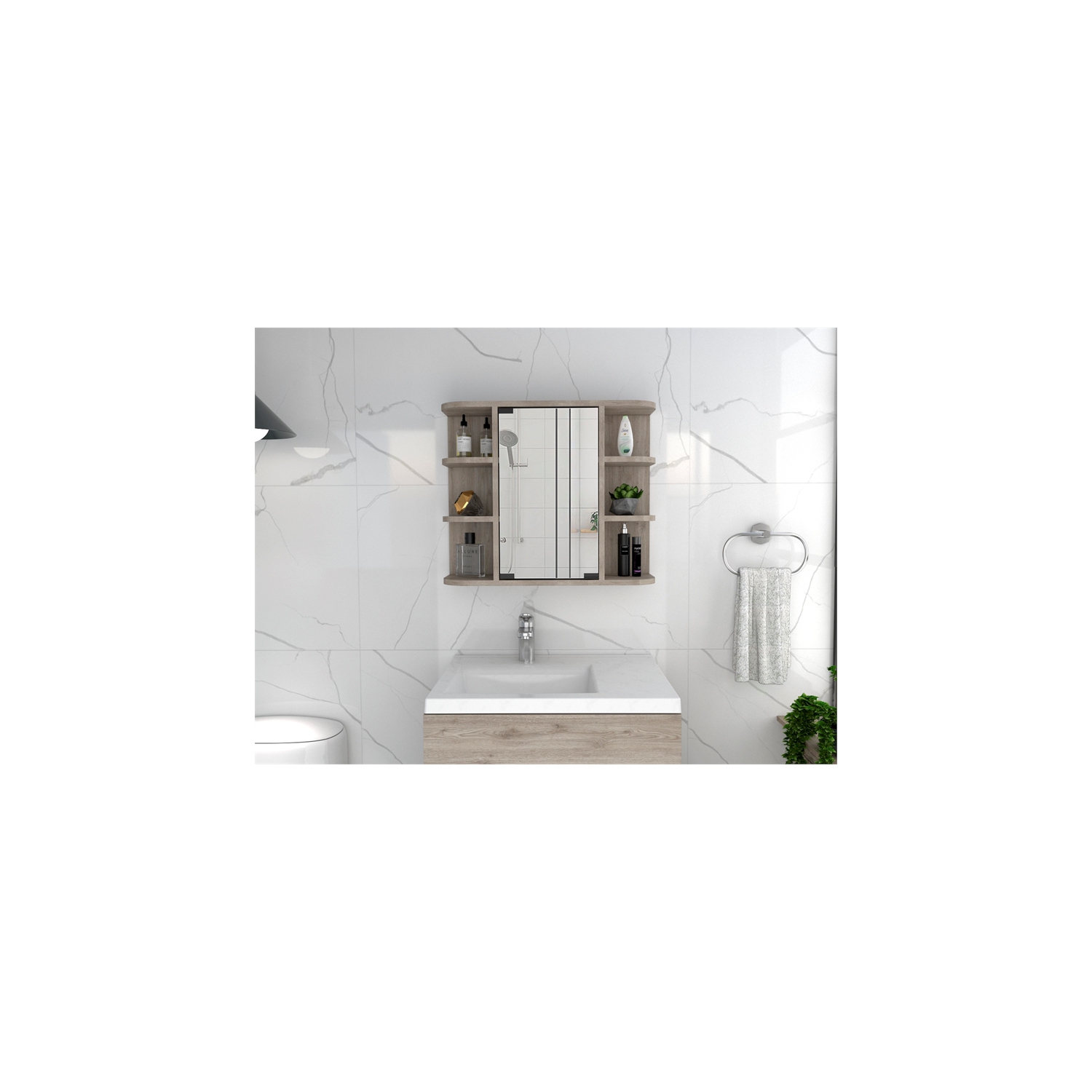 Armoire à pharmacie TuHome Milan avec fini cendré miroir et tablettes